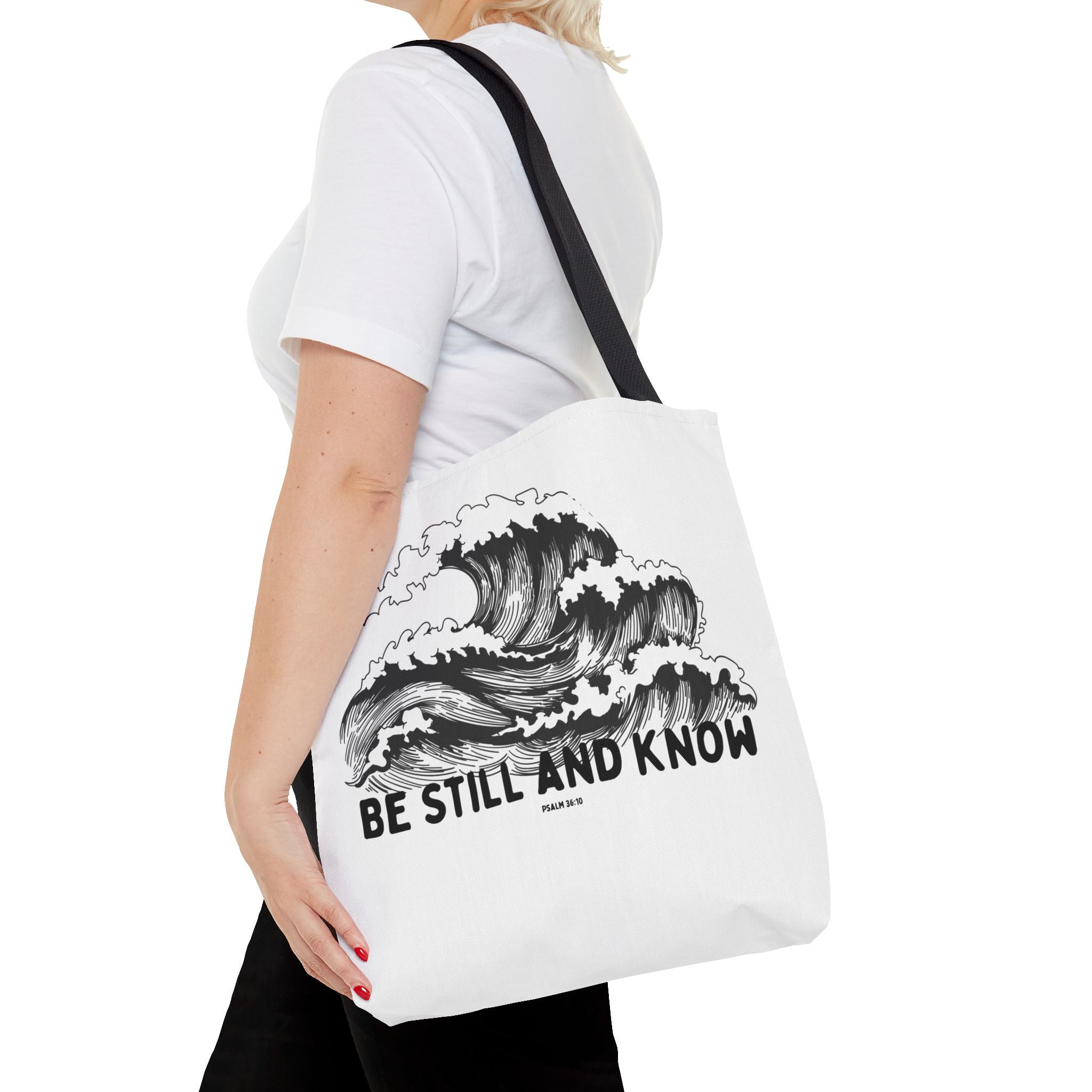 Be Still and Know Wave Tote Bag — Inspirational Psalm 36:10 Canvas Tote