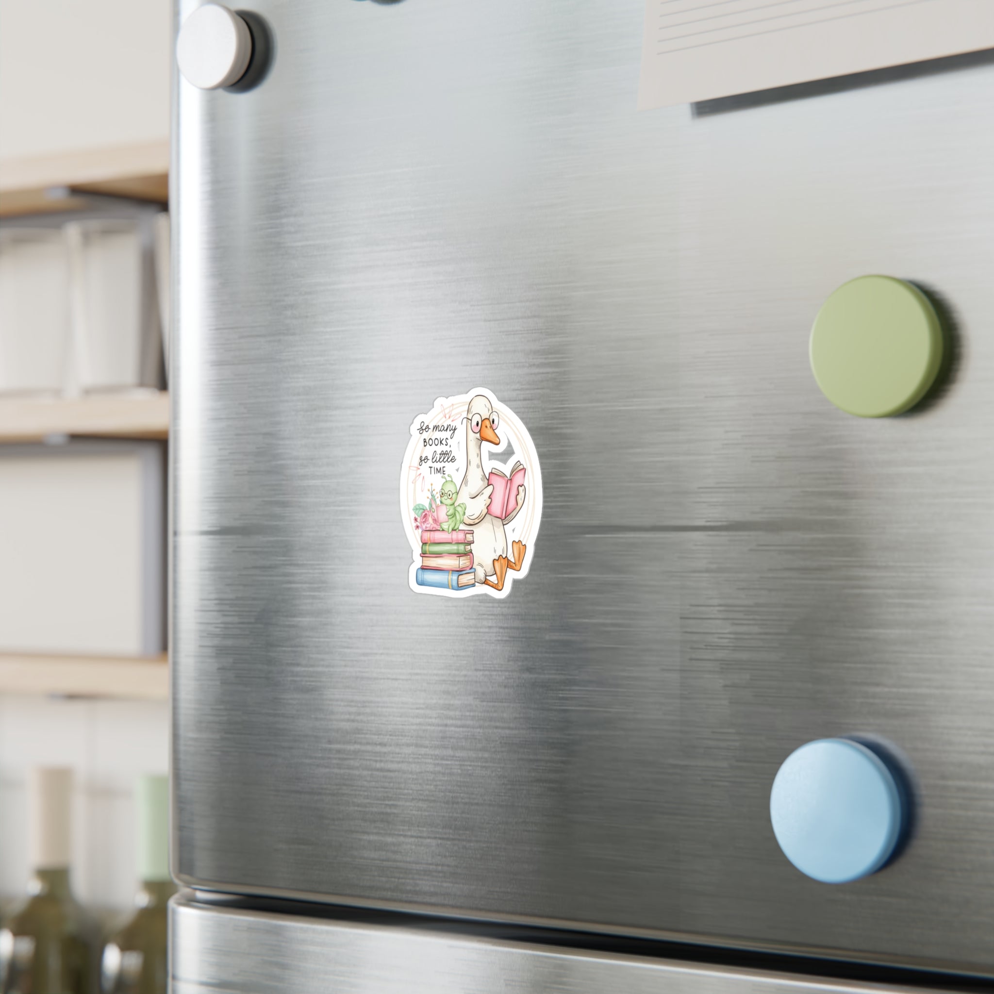 Reading Goose Kiss-Cut Vinyl Sticker — “So Many Books, So Little Time”