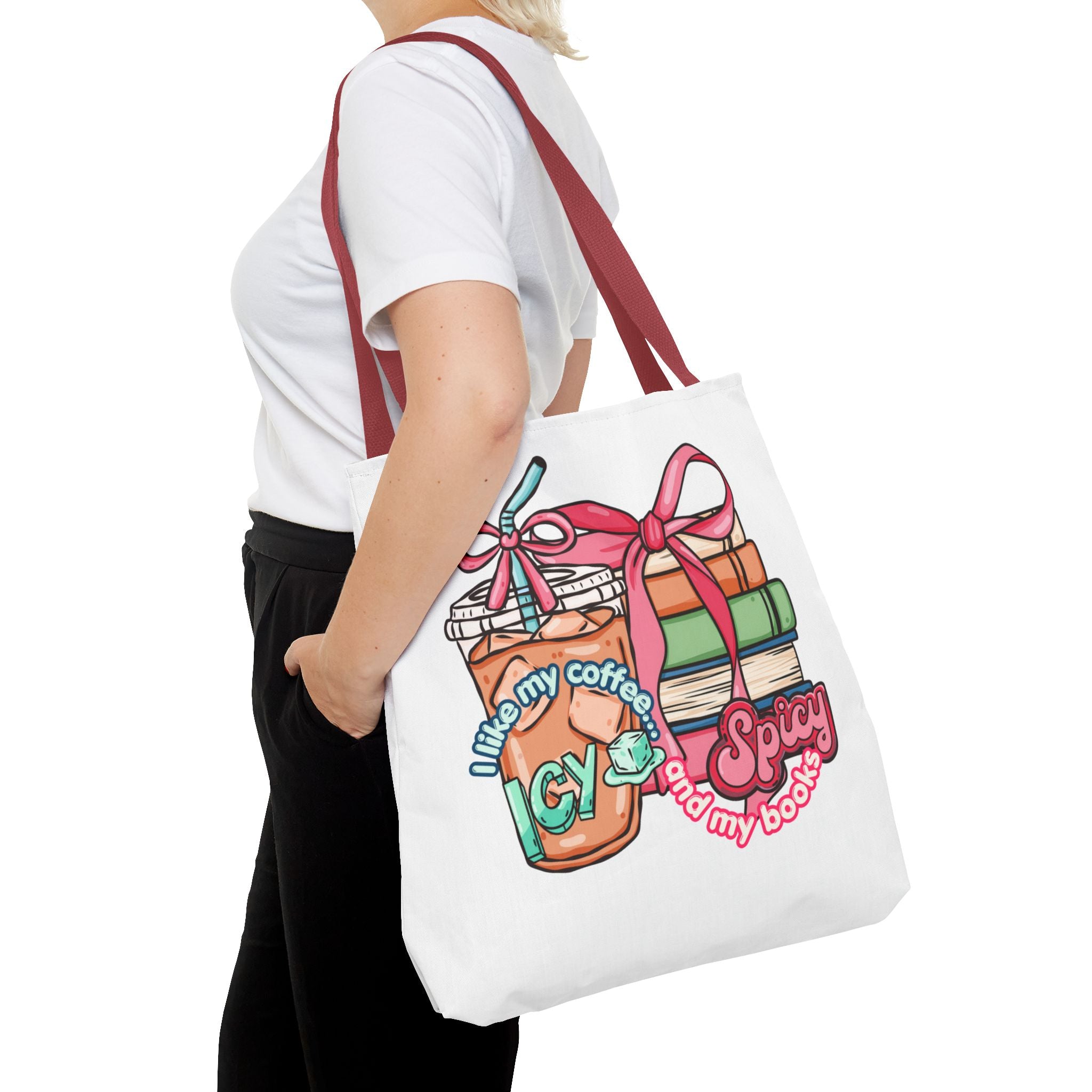 Book Lover Tote Bag — “I like my coffee icy and my books spicy” Illustrated Bookstack & Iced Coffee Design