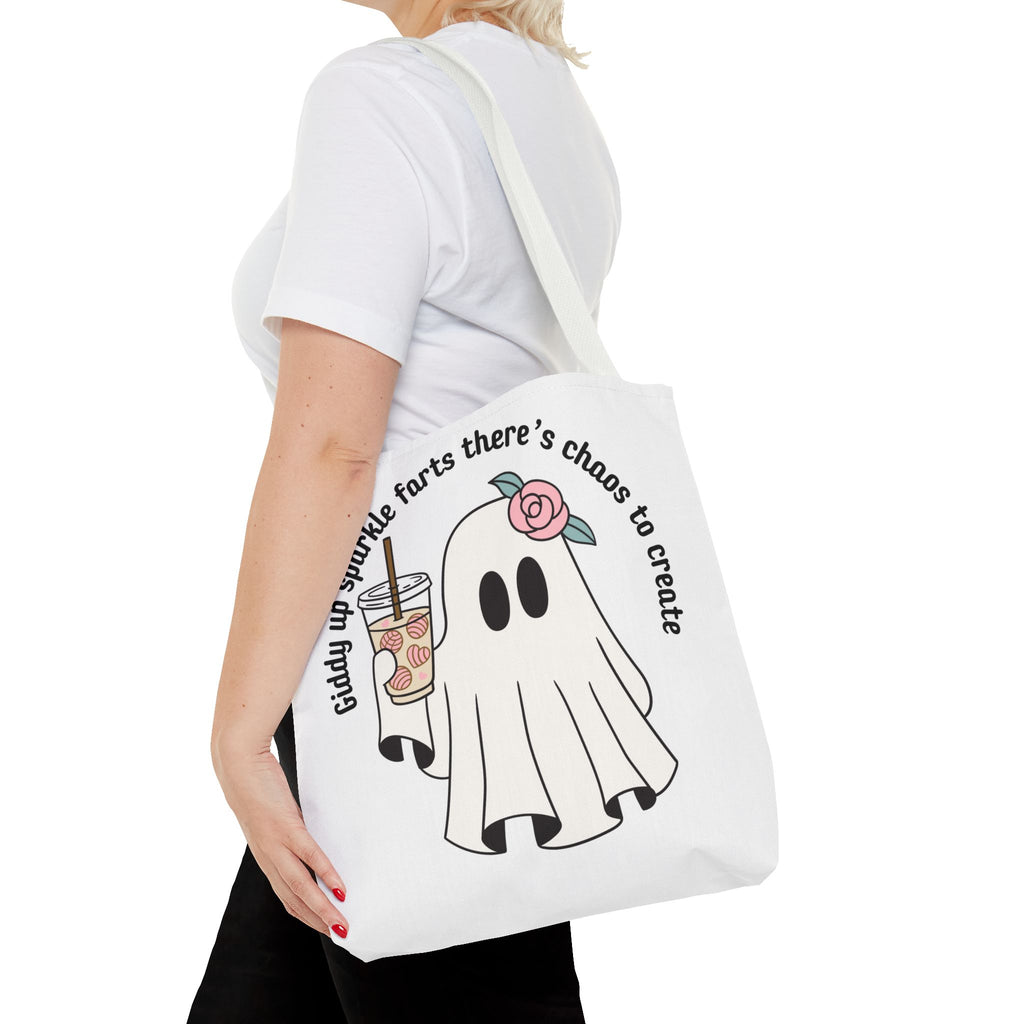 Cute Ghost Tote Bag - "Giddy up sparkle farts there’s chaos to create" Ghost with Boba Tea Tote