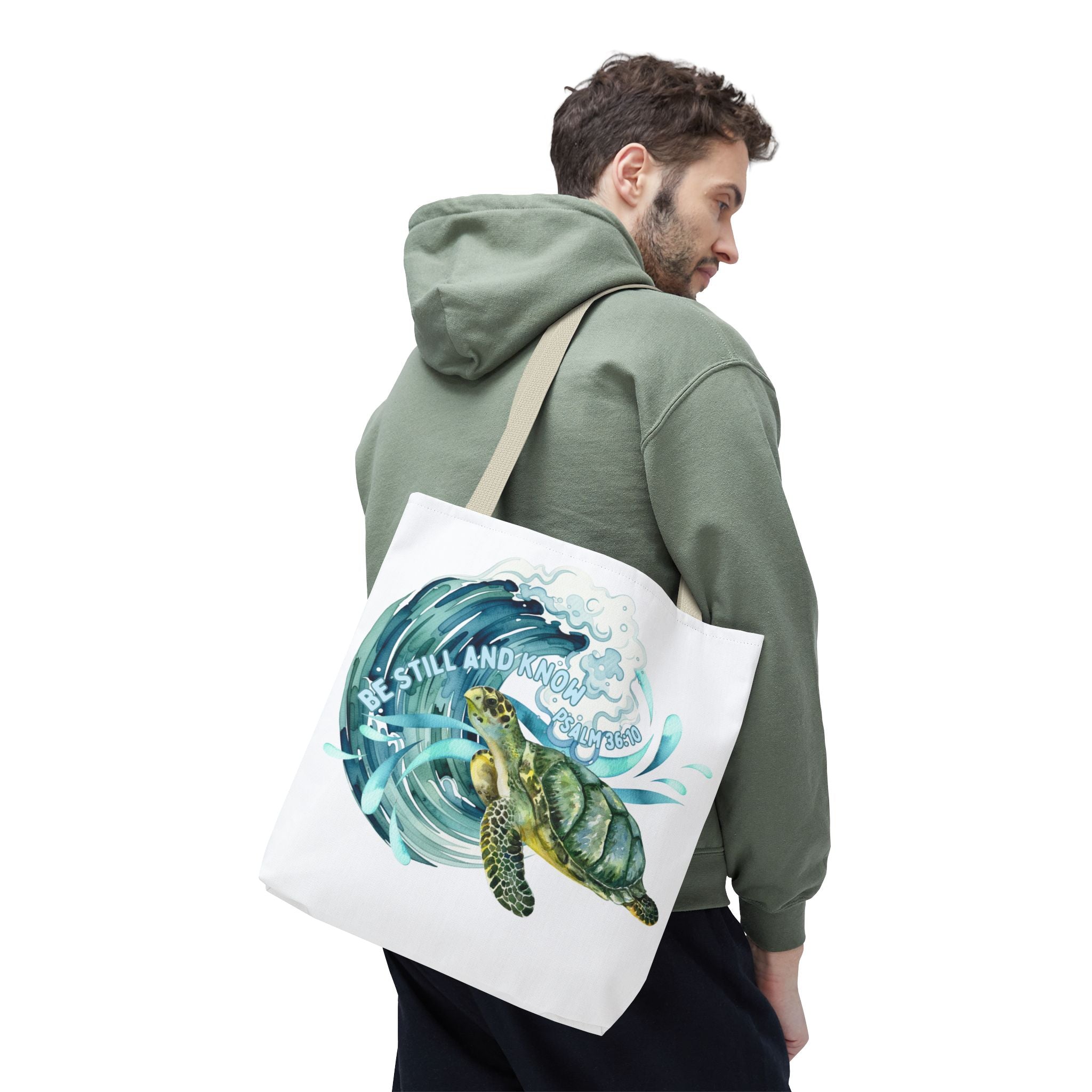 Sea Turtle Wave Tote Bag — "Be Still and Know" Ocean Eco Shopper