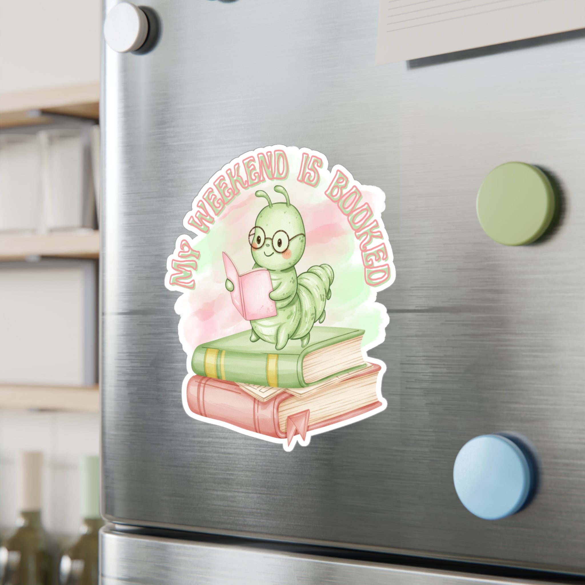 Bookworm Vinyl Sticker — "My Weekend Is Booked" Cute Reading Caterpillar Kiss-Cut Decal