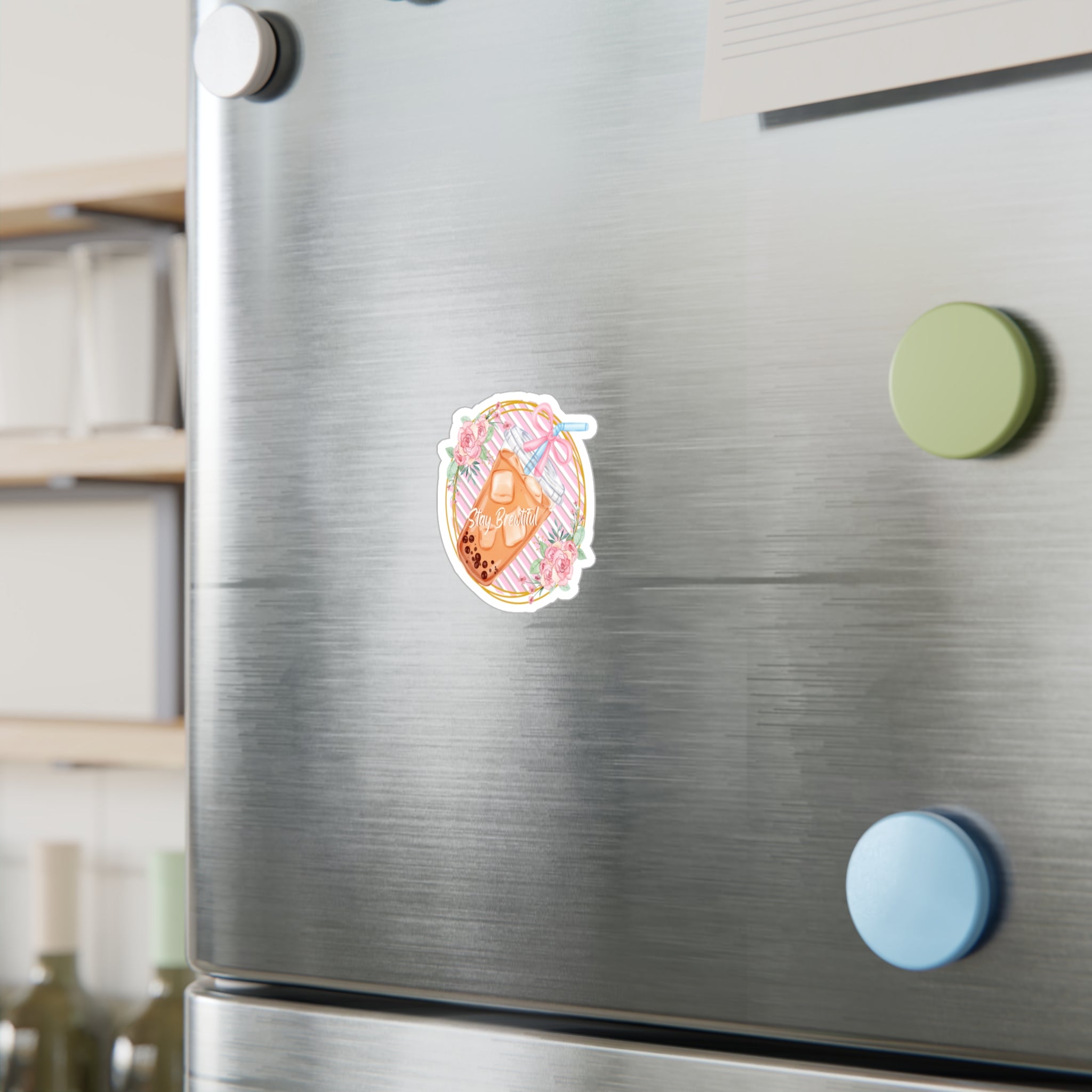 Boba Bubble Tea Vinyl Sticker – “Stay Beautiful” Floral Kiss-Cut Decal