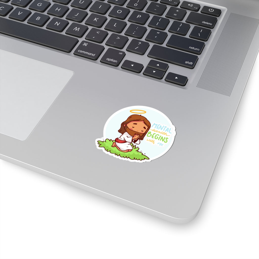Sticker — "Mental Health Begins with Me" Praying Jesus Cute Faith Vinyl Sticker