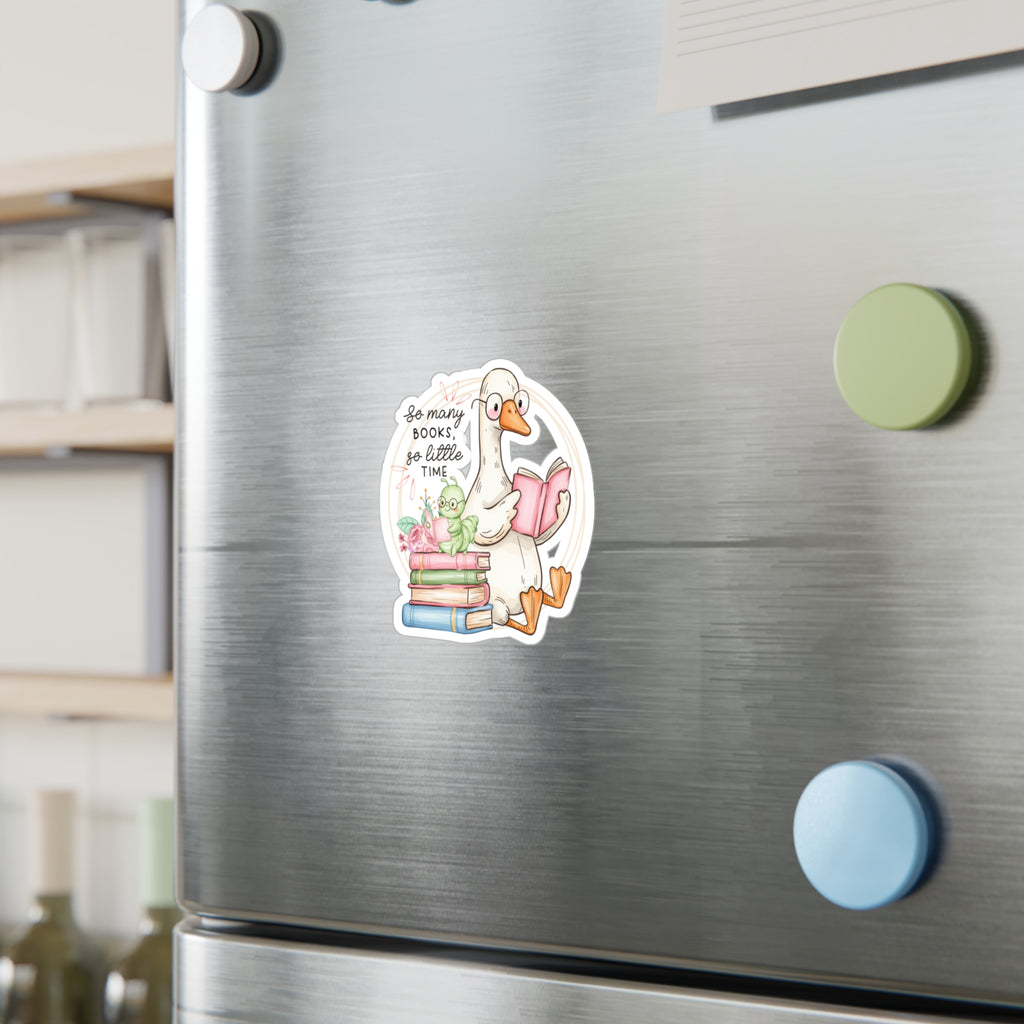 Reading Goose Kiss-Cut Vinyl Sticker — "So Many Books, So Little Time"