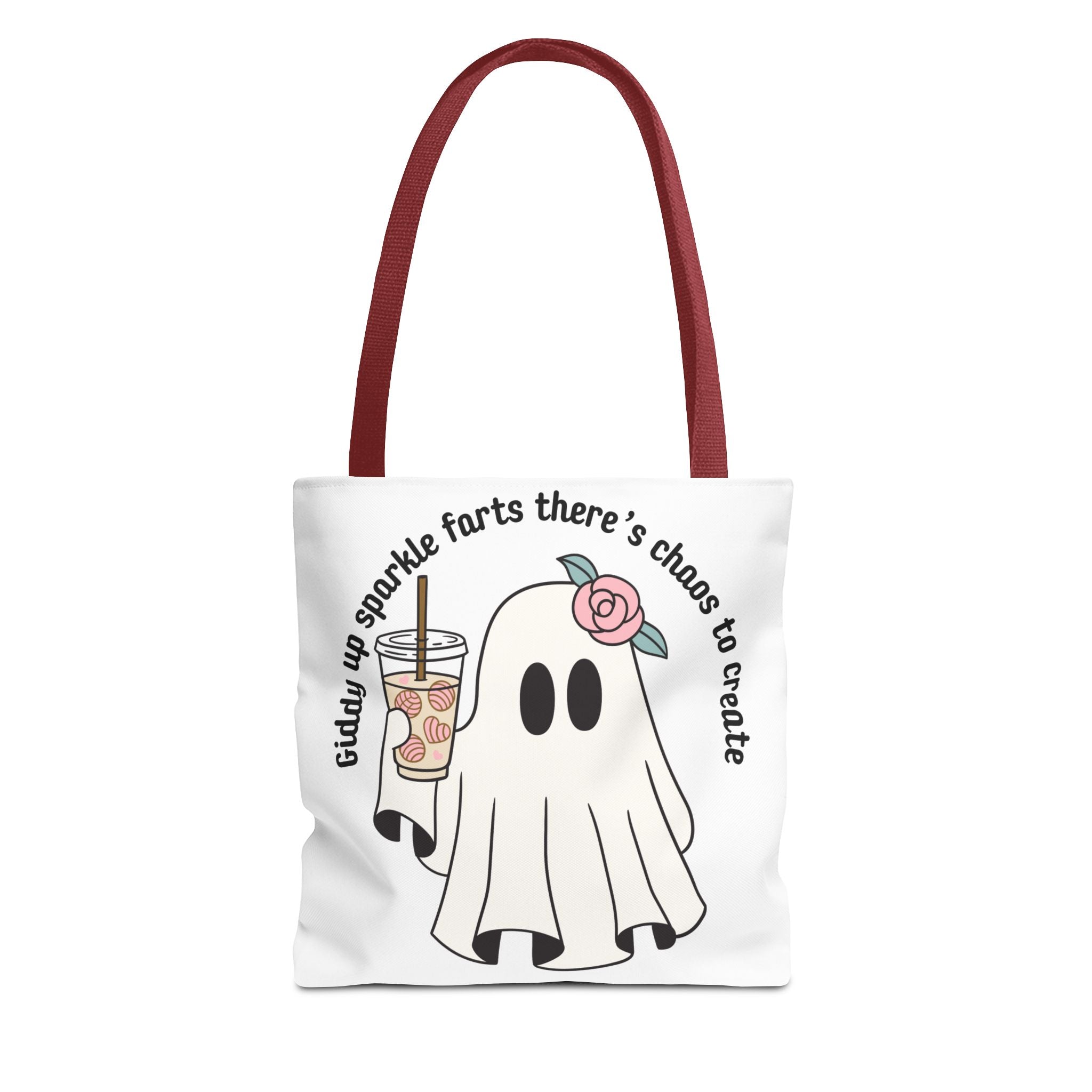 Cute Ghost Tote Bag - "Giddy up sparkle farts there’s chaos to create" Ghost with Boba Tea Tote