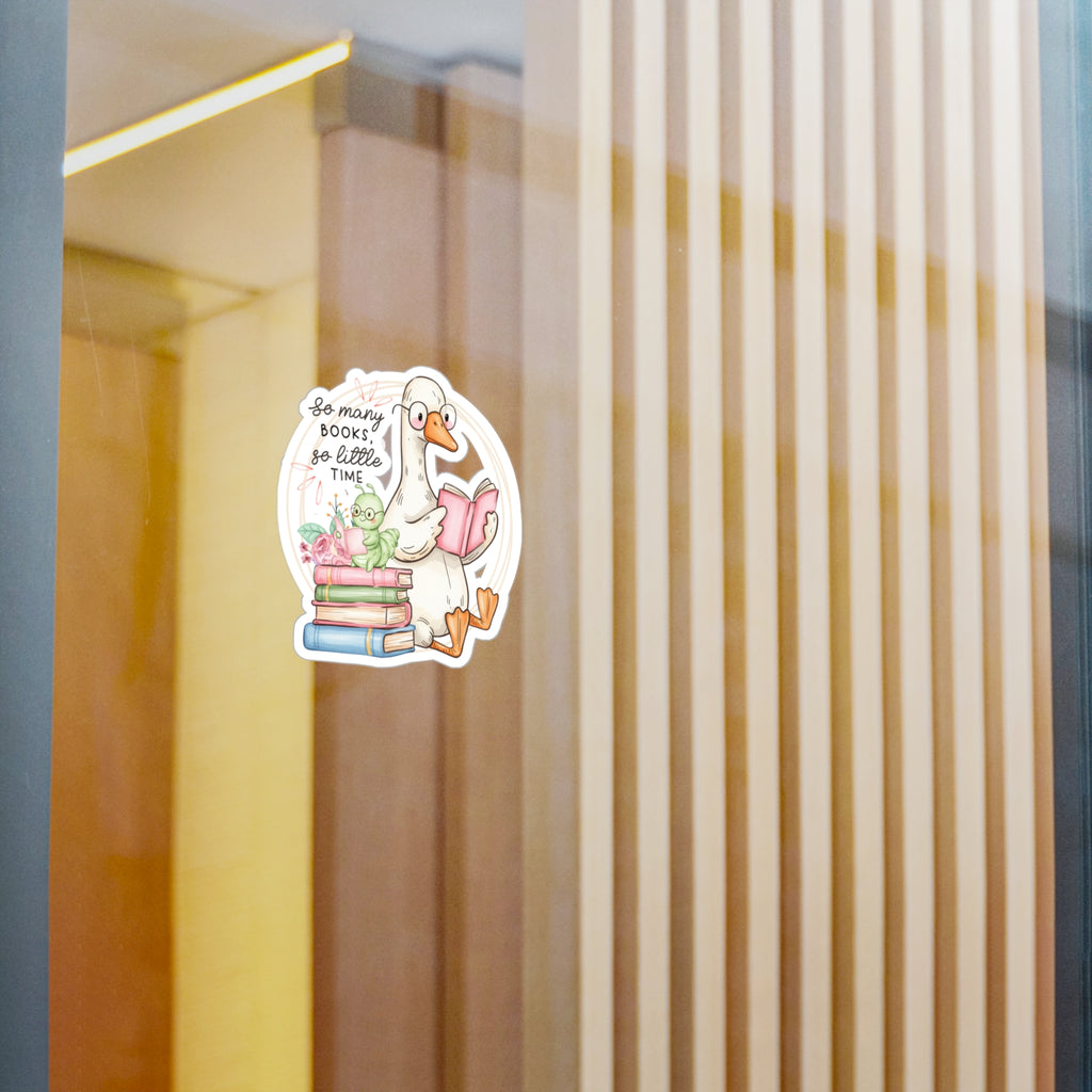 Reading Goose Kiss-Cut Vinyl Sticker — “So Many Books, So Little Time”