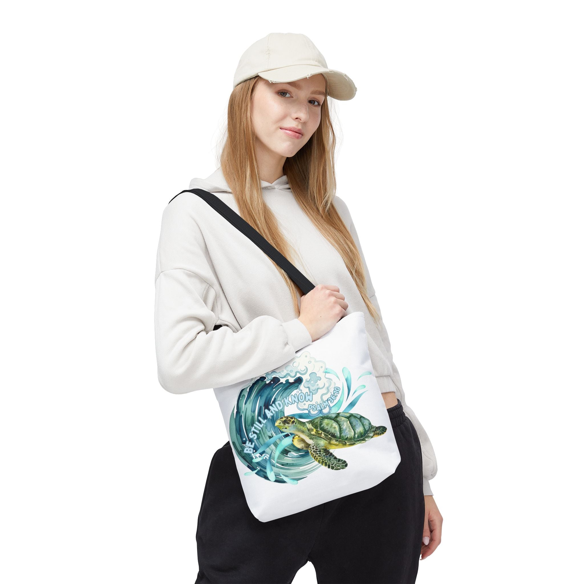 Sea Turtle Wave Tote Bag — "Be Still and Know" Ocean Eco Shopper