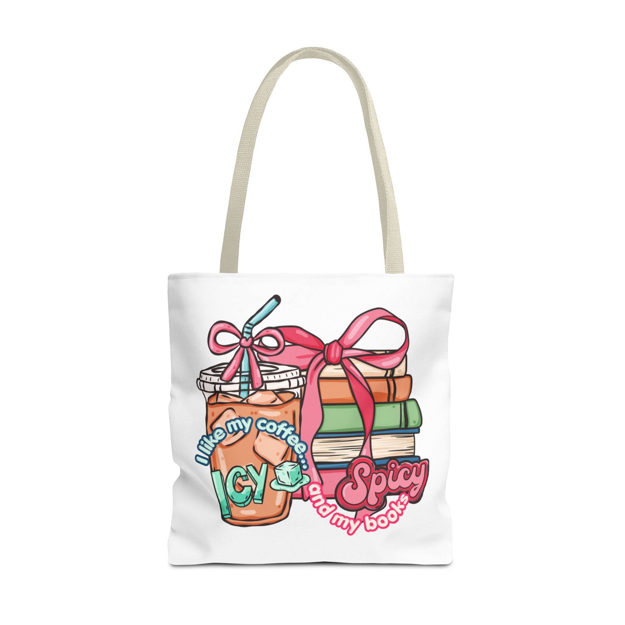 Book Lover Tote Bag — “I like my coffee icy and my books spicy” Illustrated Bookstack & Iced Coffee Design