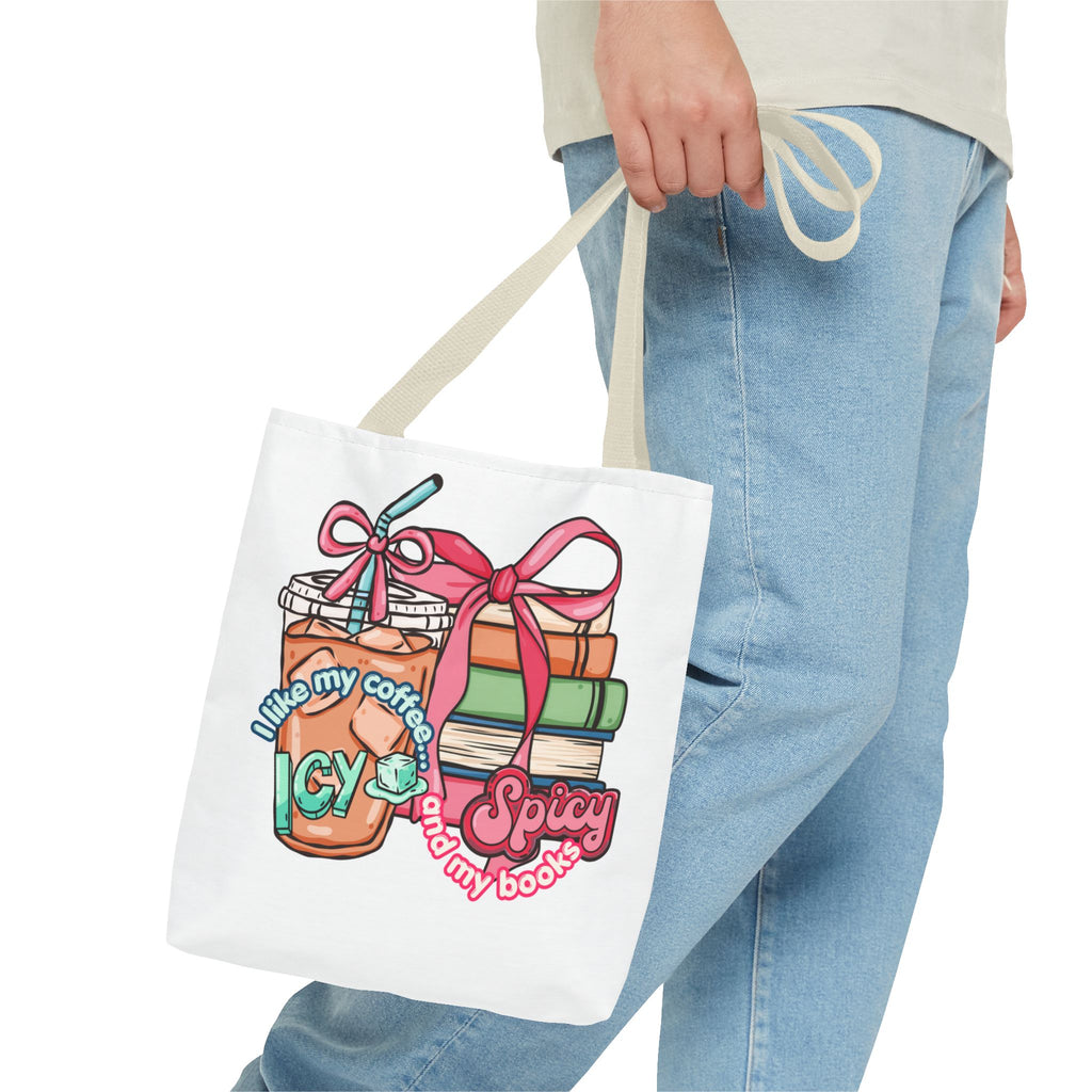 Book Lover Tote Bag — “I like my coffee icy and my books spicy” Illustrated Bookstack & Iced Coffee Design