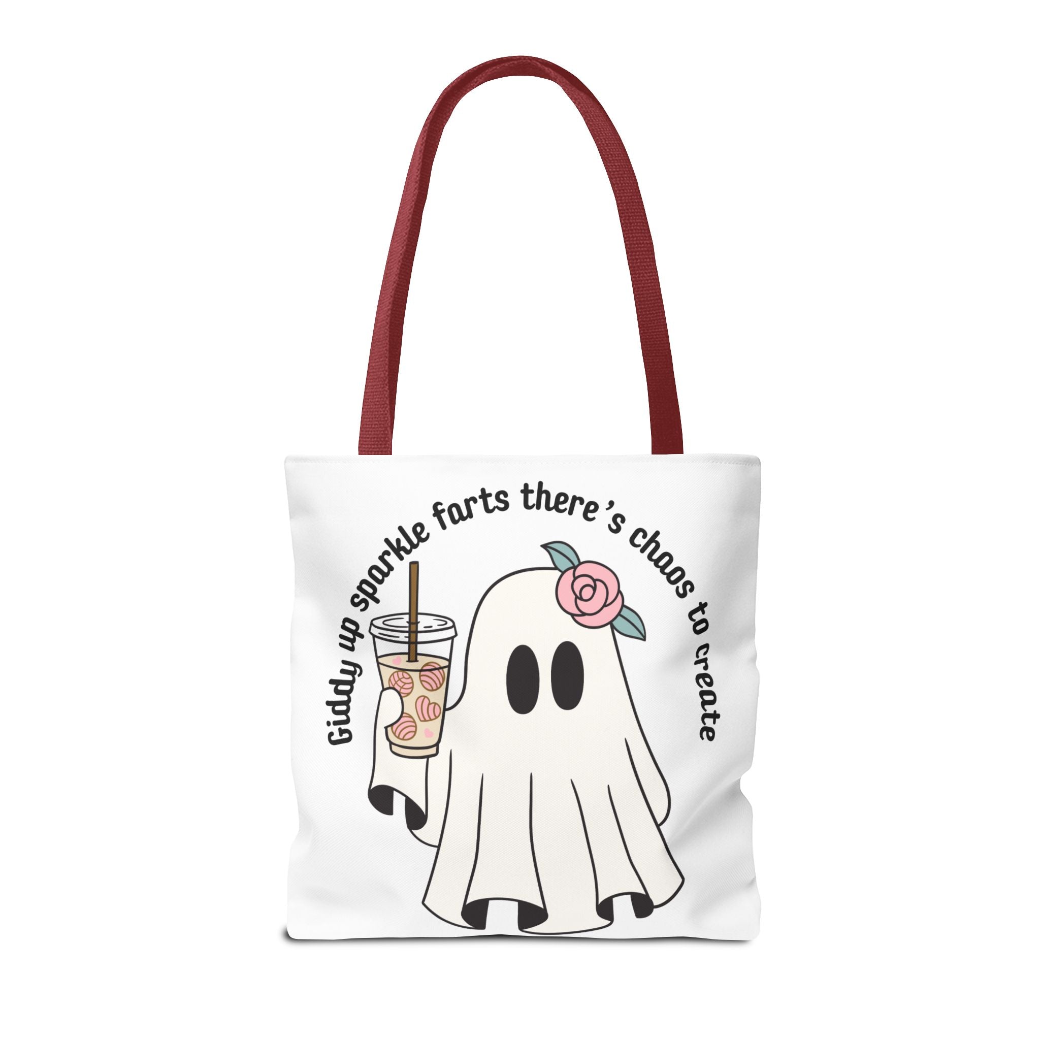 Cute Ghost Tote Bag - "Giddy up sparkle farts there’s chaos to create" Ghost with Boba Tea Tote