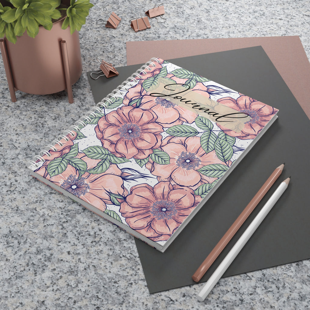 Floral Journal Spiral Notebook — Peach Watercolor Flowers, Lined Journal for Women & Girls