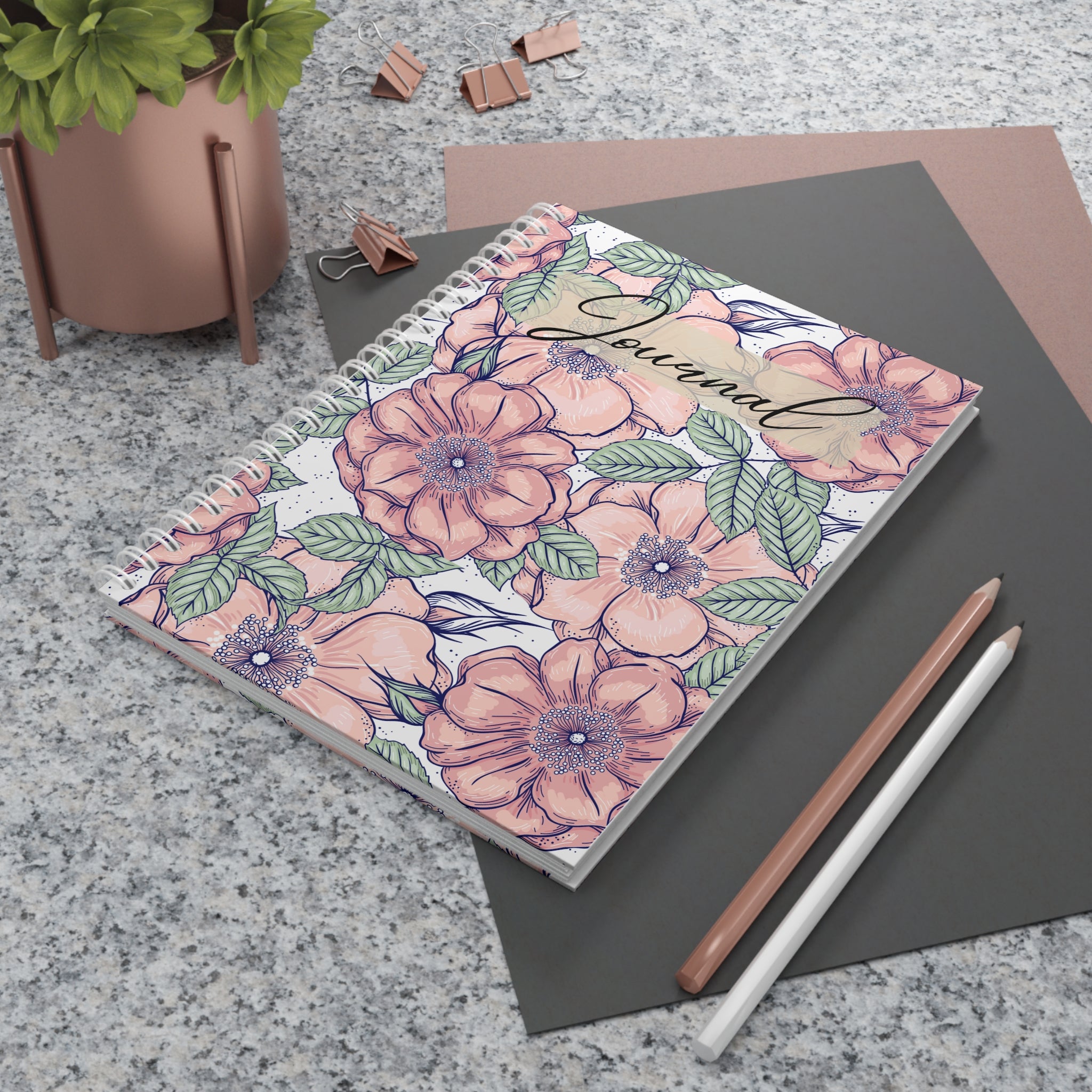 Floral Journal Spiral Notebook — Peach Watercolor Flowers, Lined Journal for Women & Girls