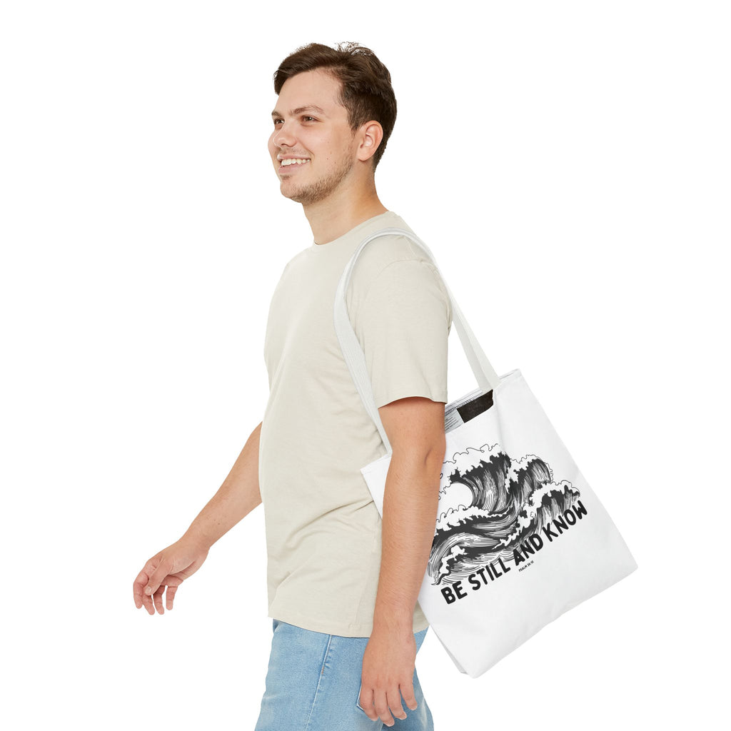 Be Still and Know Wave Tote Bag — Inspirational Psalm 36:10 Canvas Tote