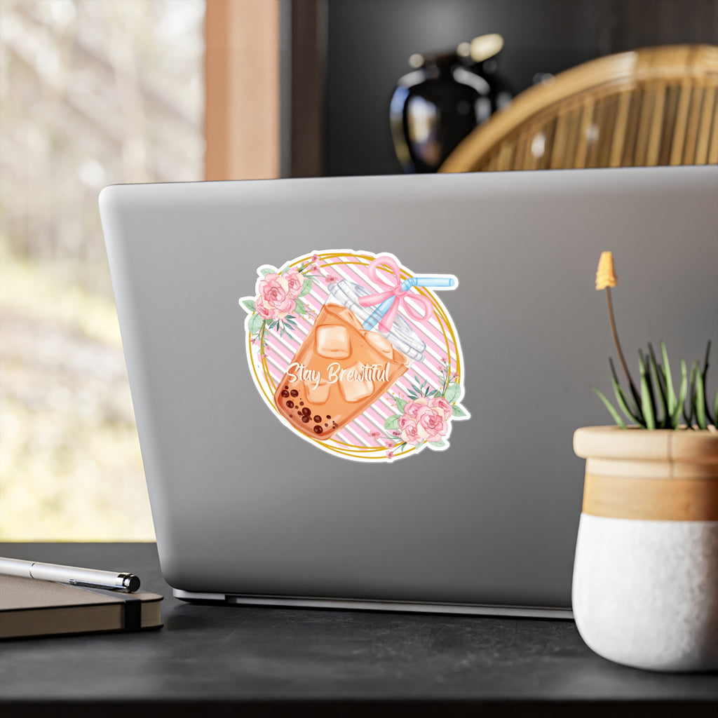 Boba Bubble Tea Vinyl Sticker – “Stay Beautiful” Floral Kiss-Cut Decal