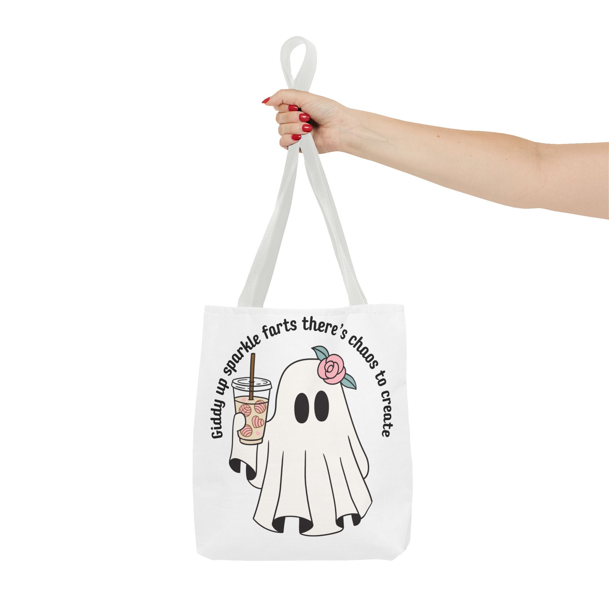 Cute Ghost Tote Bag - "Giddy up sparkle farts there’s chaos to create" Ghost with Boba Tea Tote