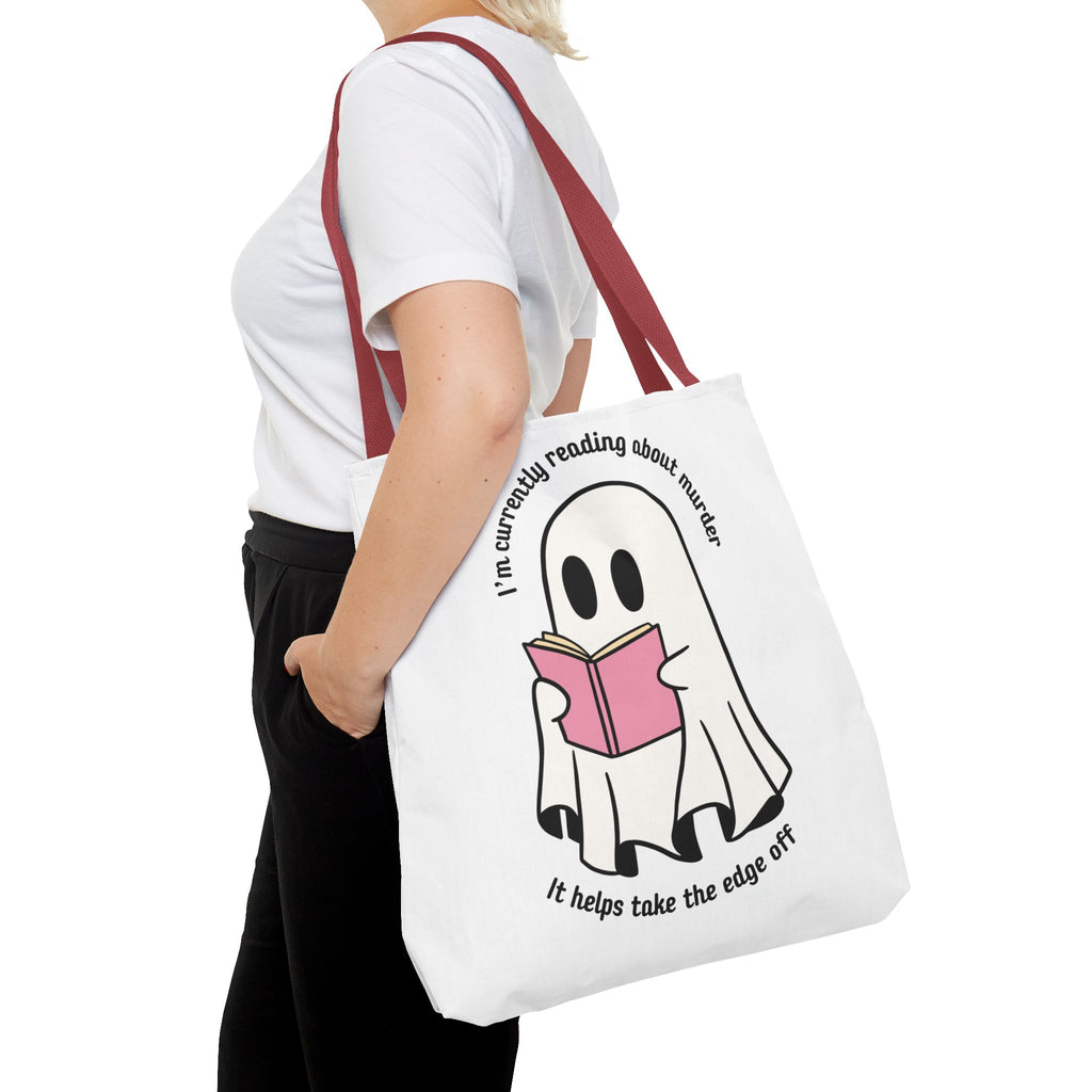 Ghost Reading Tote Bag — Cute Ghost with Book "I'm currently reading about murder, it helps take the edge off"