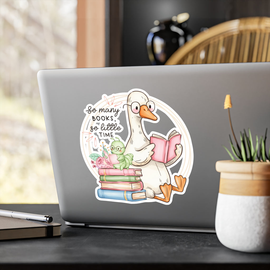 Reading Goose Kiss-Cut Vinyl Sticker — "So Many Books, So Little Time"