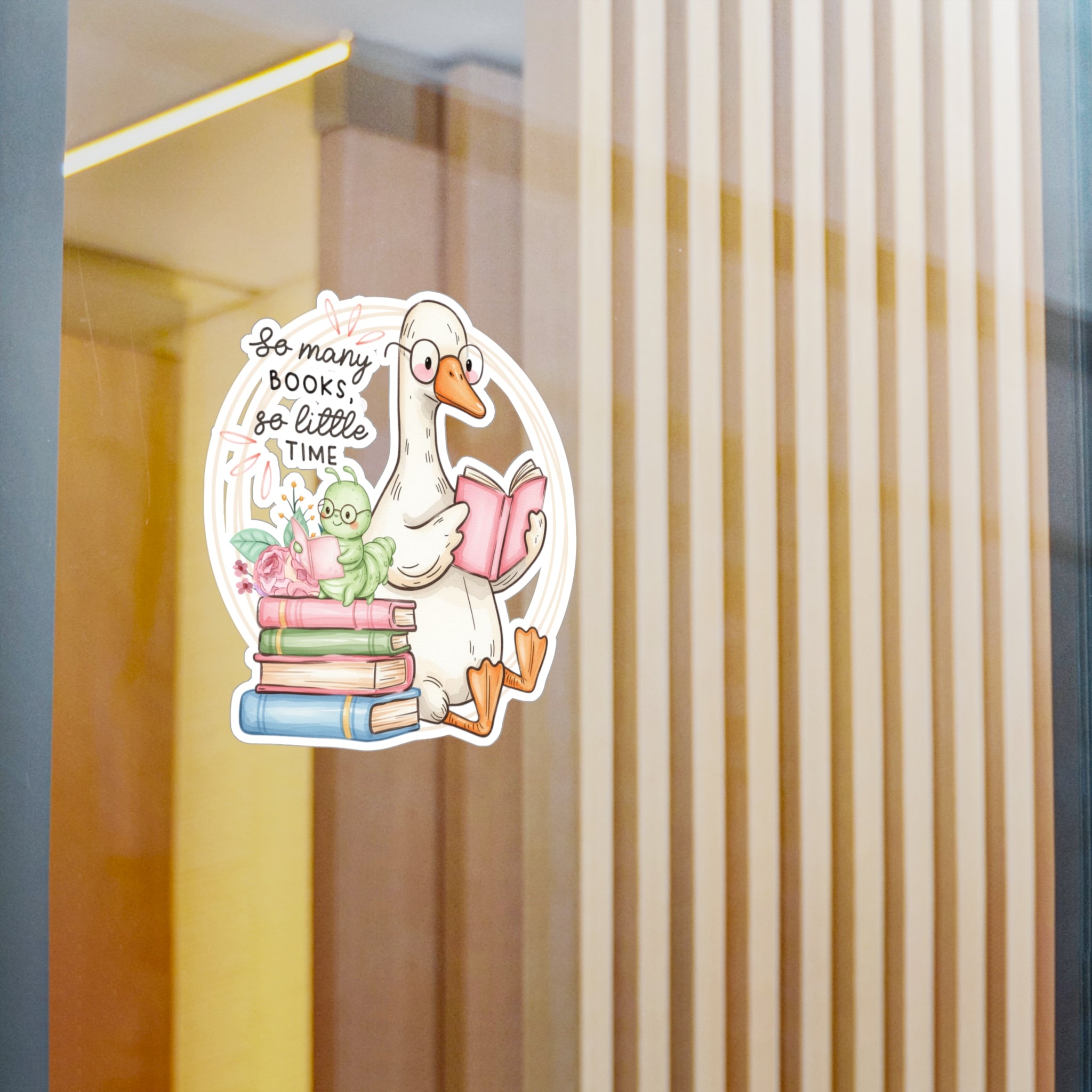 Reading Goose Kiss-Cut Vinyl Sticker — “So Many Books, So Little Time”