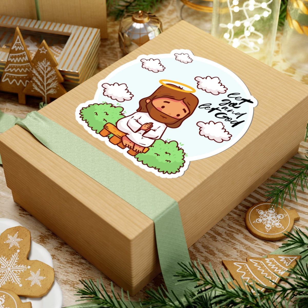 Let Go and Let God Prayer Sticker — Cute Jesus Kiss-Cut Sticker for Laptops & Gifts