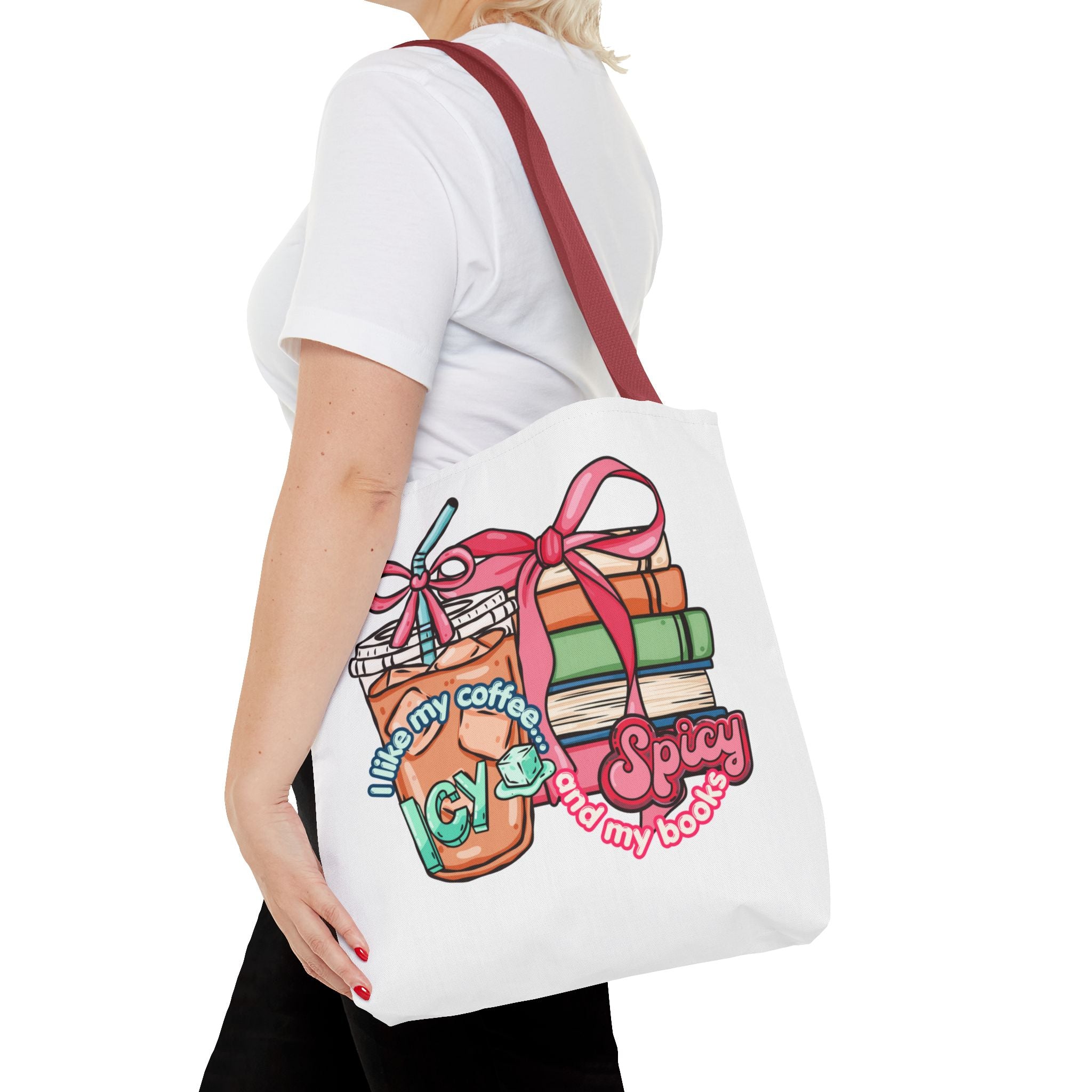 Book Lover Tote Bag — “I like my coffee icy and my books spicy” Illustrated Bookstack & Iced Coffee Design