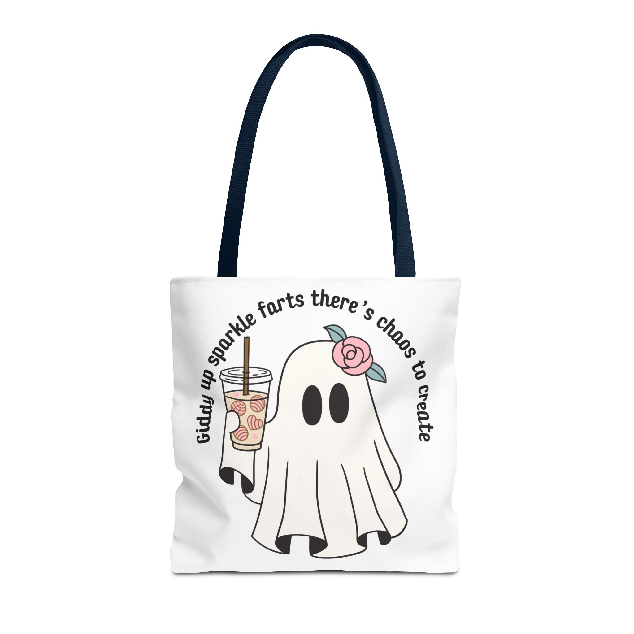 Cute Ghost Tote Bag - "Giddy up sparkle farts there’s chaos to create" Ghost with Boba Tea Tote