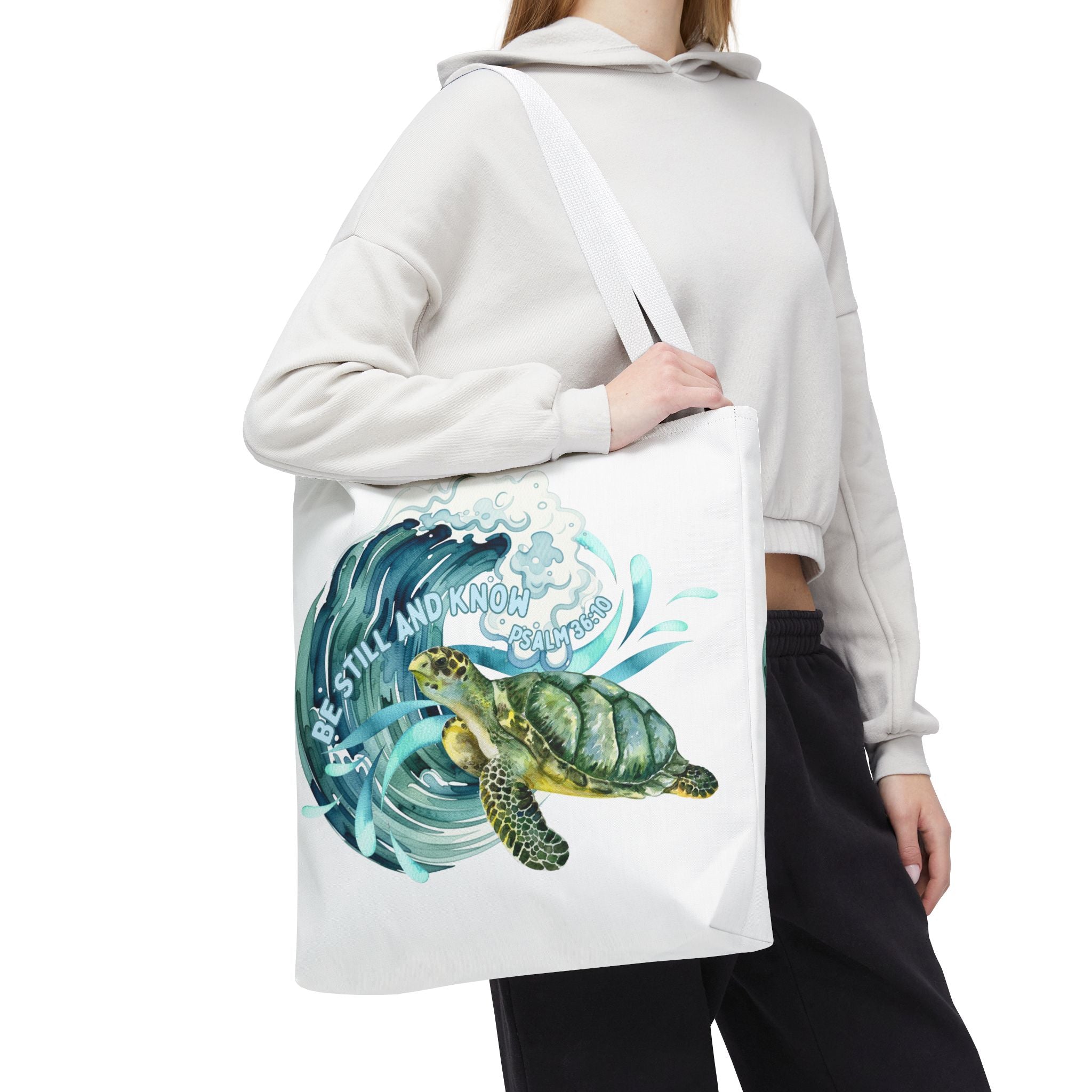 Sea Turtle Wave Tote Bag — "Be Still and Know" Ocean Eco Shopper