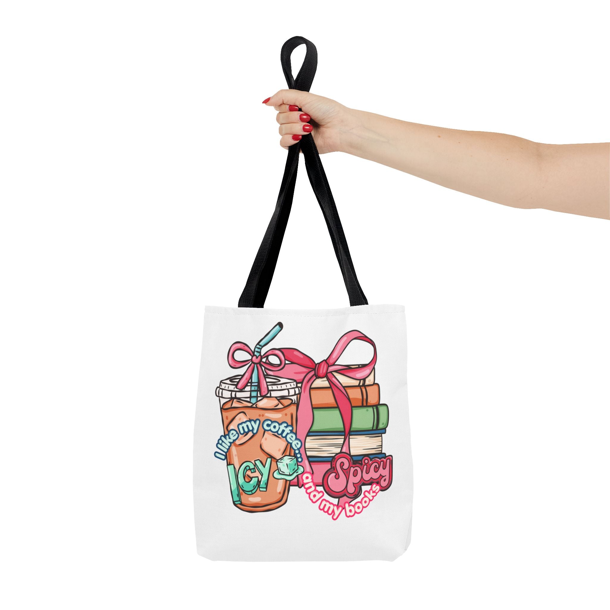 Book Lover Tote Bag — “I like my coffee icy and my books spicy” Illustrated Bookstack & Iced Coffee Design