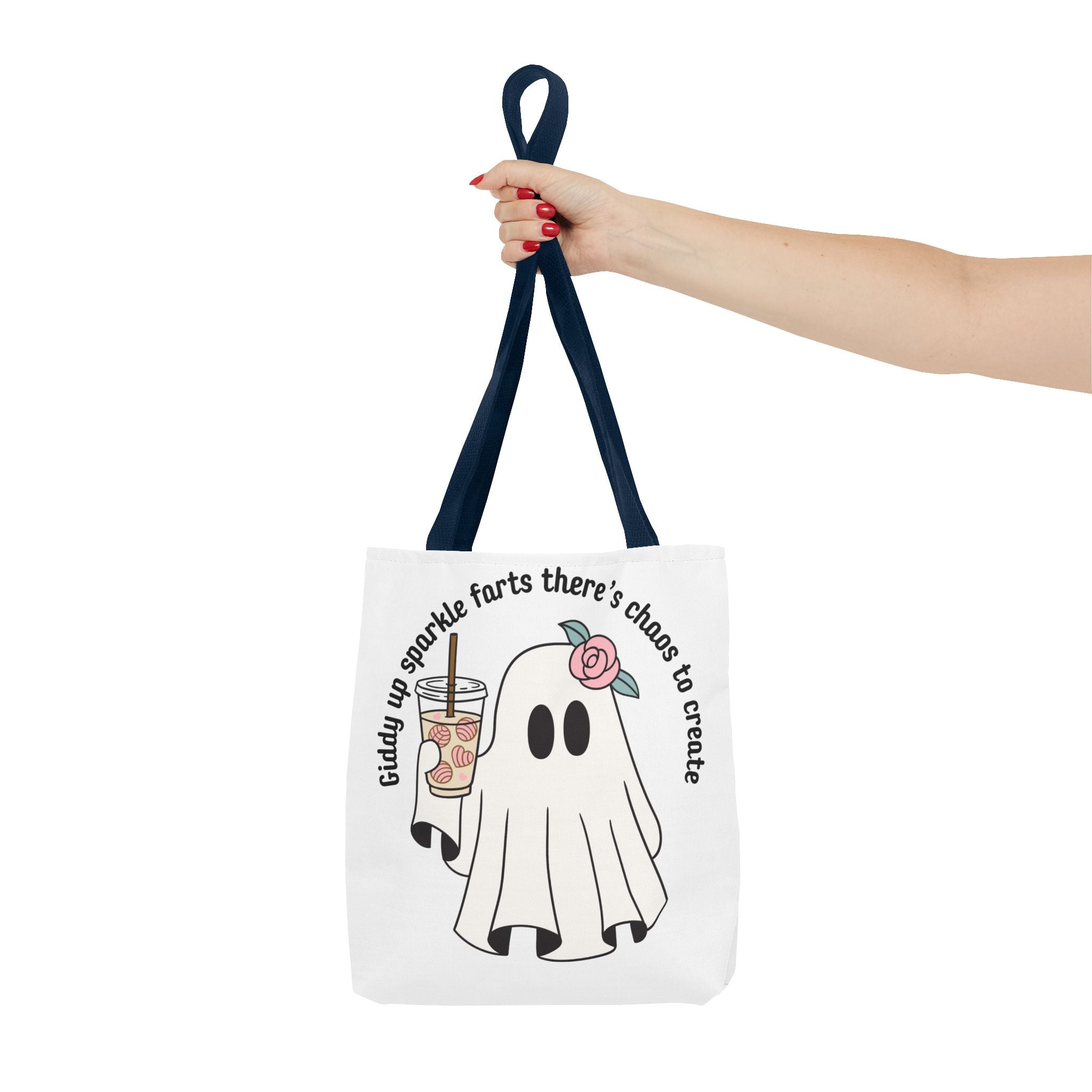 Cute Ghost Tote Bag - "Giddy up sparkle farts there’s chaos to create" Ghost with Boba Tea Tote
