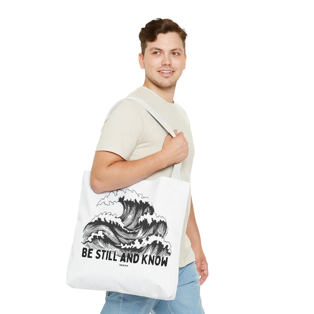 Be Still and Know Wave Tote Bag — Inspirational Psalm 36:10 Canvas Tote