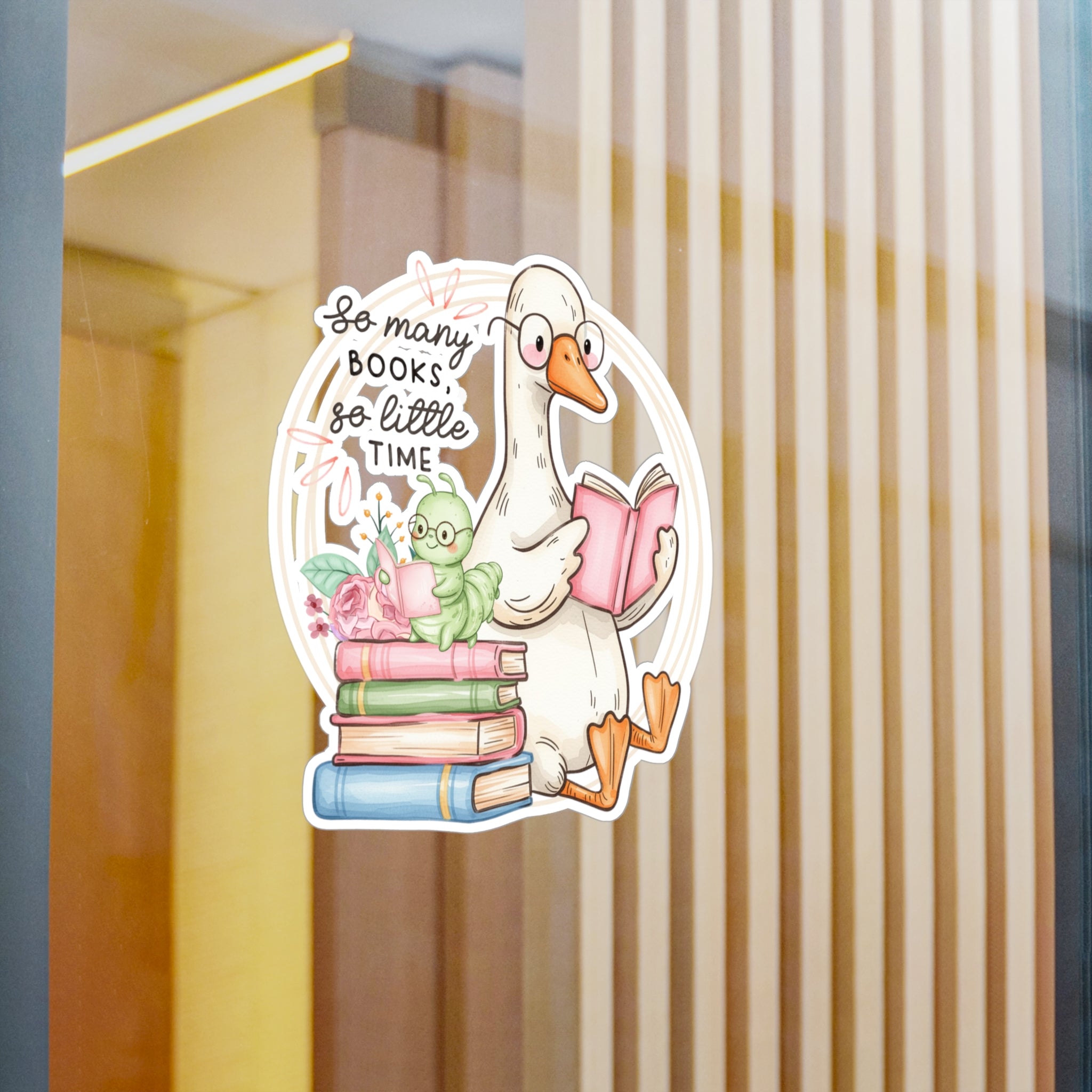 Reading Goose Kiss-Cut Vinyl Sticker — "So Many Books, So Little Time"