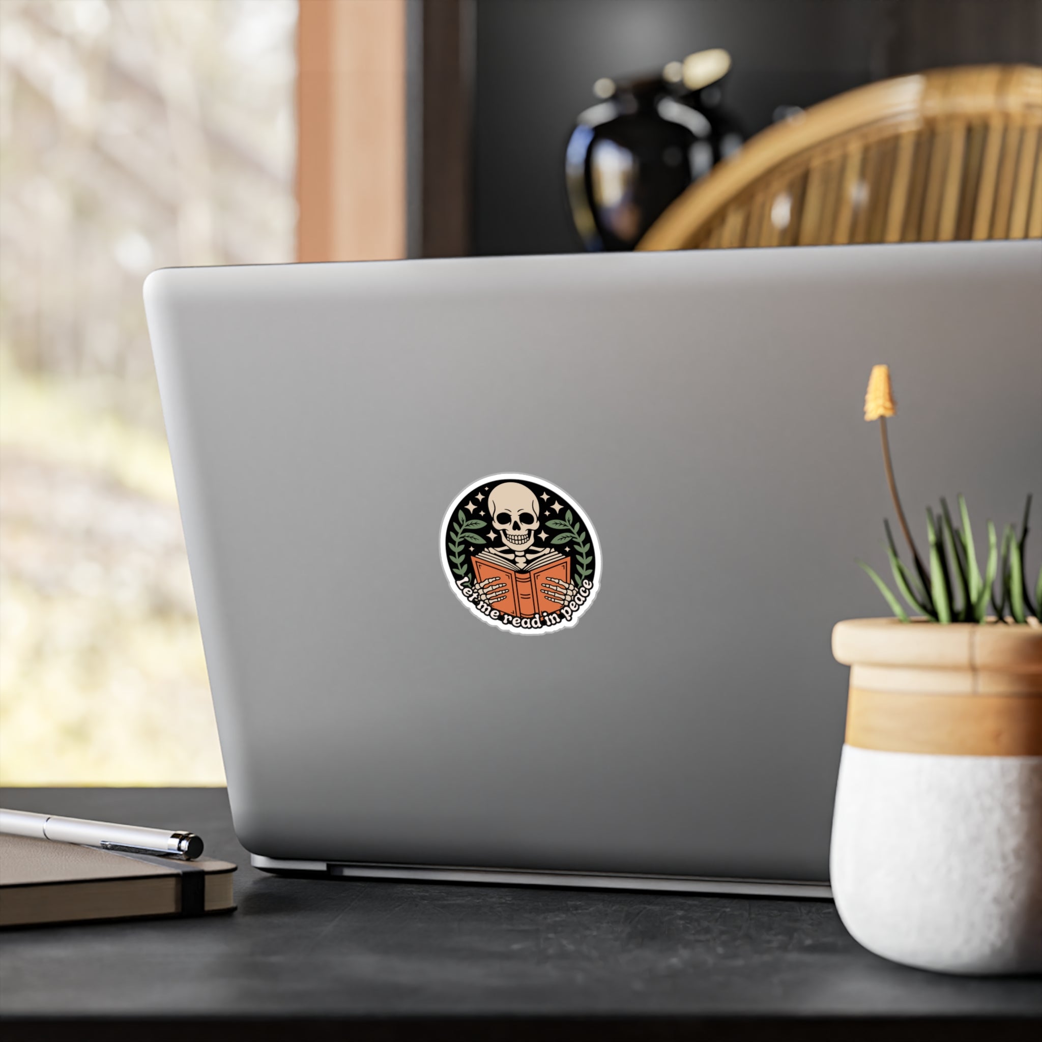 Skeleton Reading Vinyl Sticker – “Let Me Read in Peace” Kiss-Cut Decal