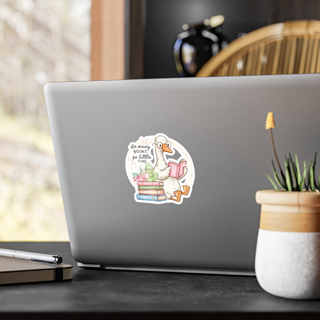 Reading Goose Kiss-Cut Vinyl Sticker — "So Many Books, So Little Time"