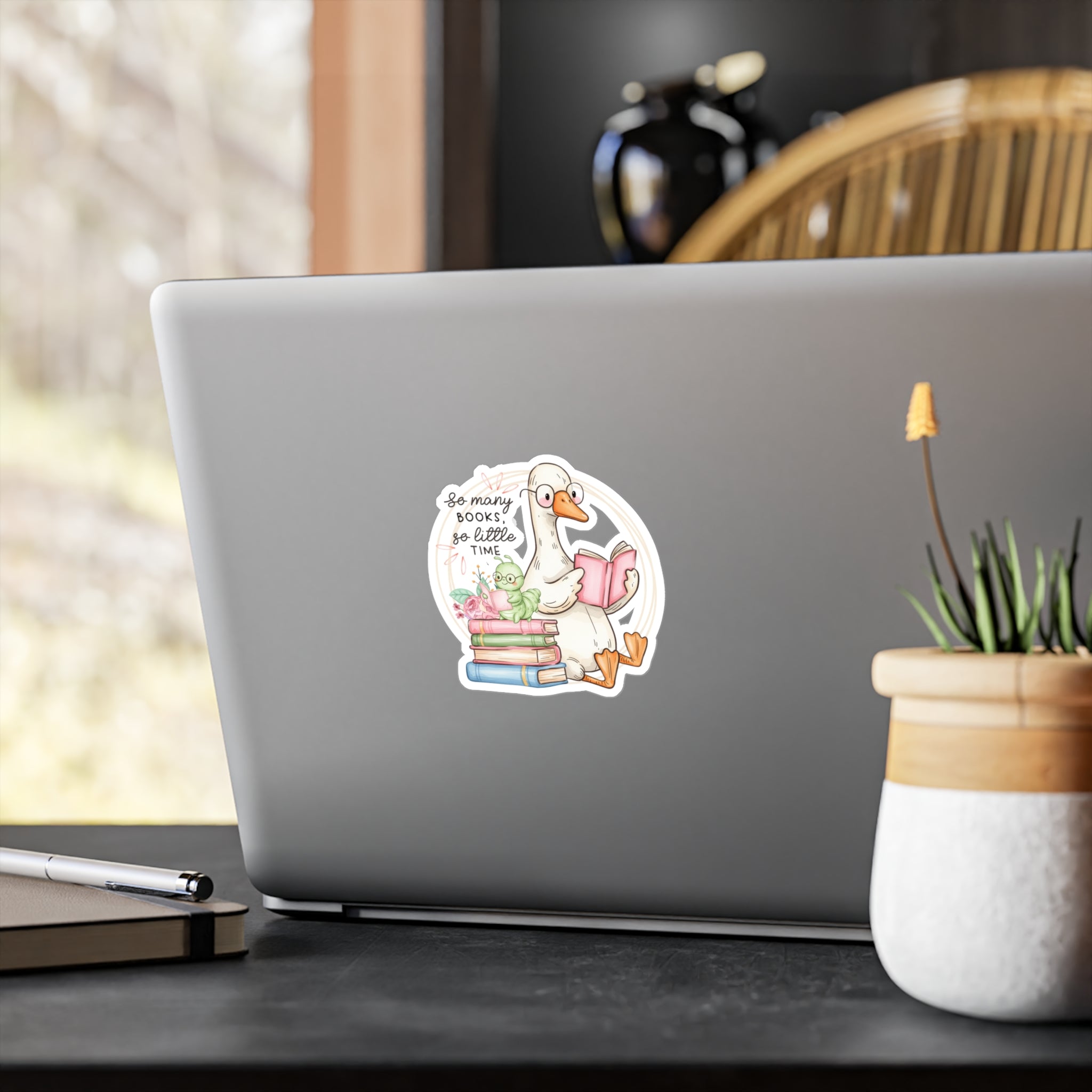 Reading Goose Kiss-Cut Vinyl Sticker — "So Many Books, So Little Time"