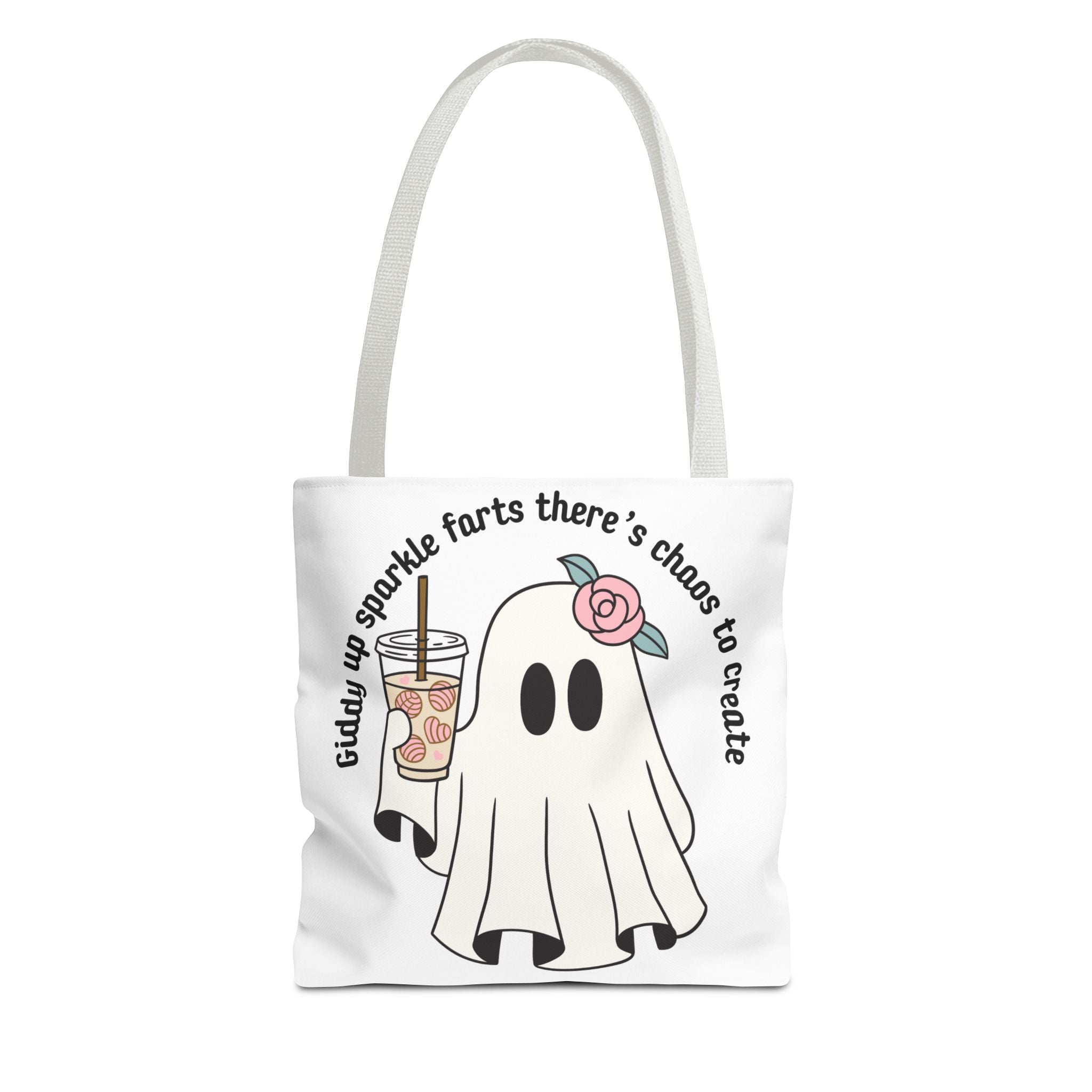 Cute Ghost Tote Bag - "Giddy up sparkle farts there’s chaos to create" Ghost with Boba Tea Tote