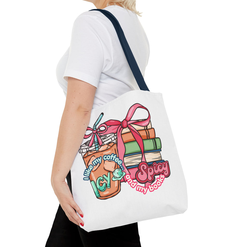 Book Lover Tote Bag — “I like my coffee icy and my books spicy” Illustrated Bookstack & Iced Coffee Design
