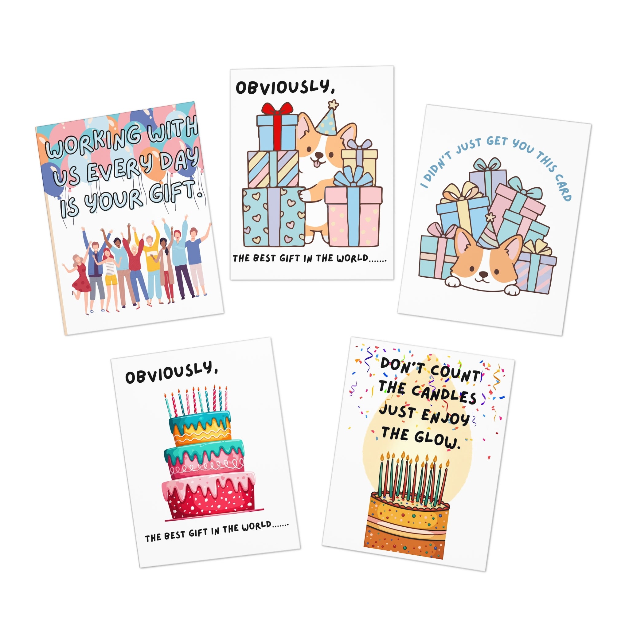 Birthday Greeting Card Set — 5-Pack Funny Corgi & Cake Designs (Workfriend, Candles, Gifts)