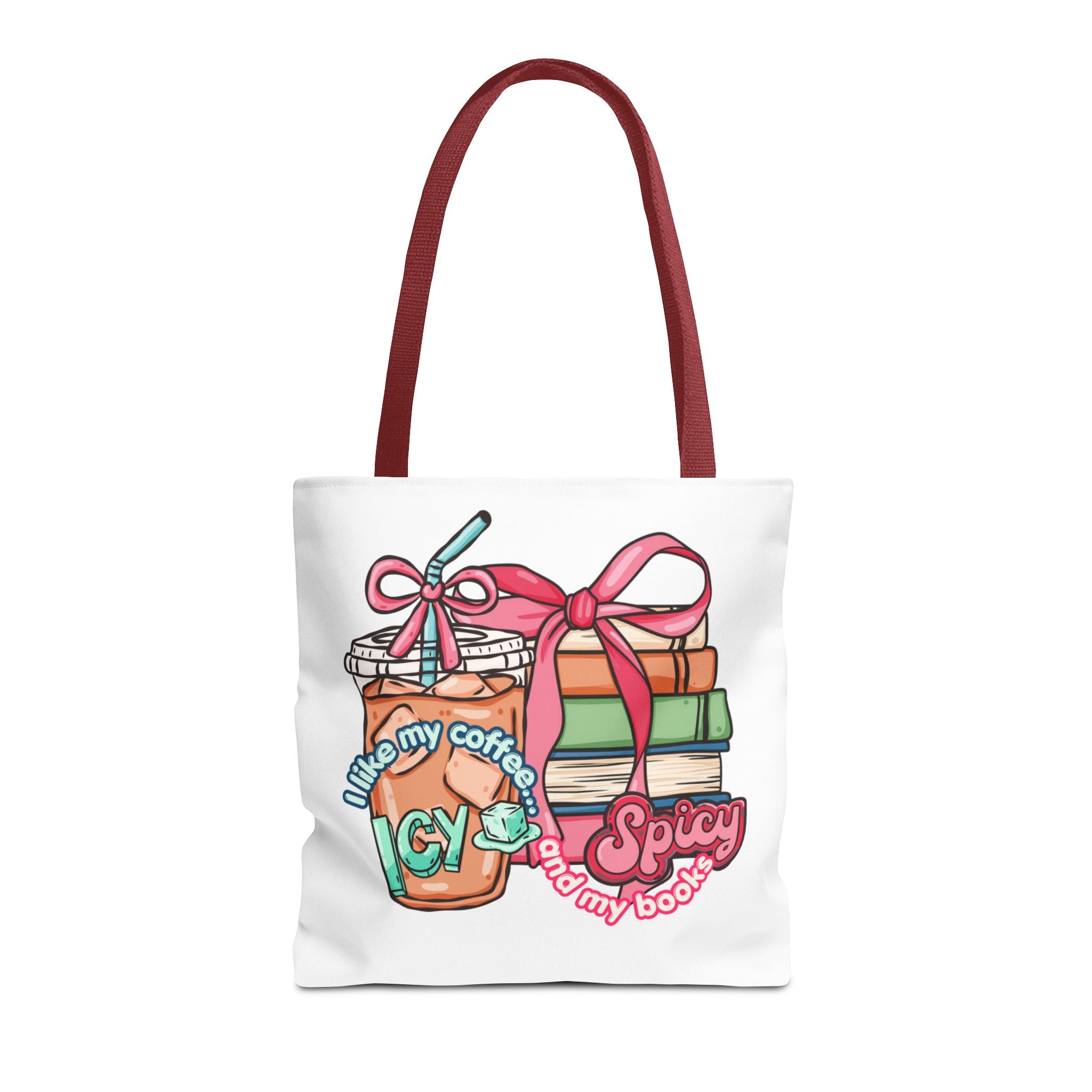 Book Lover Tote Bag — “I like my coffee icy and my books spicy” Illustrated Bookstack & Iced Coffee Design