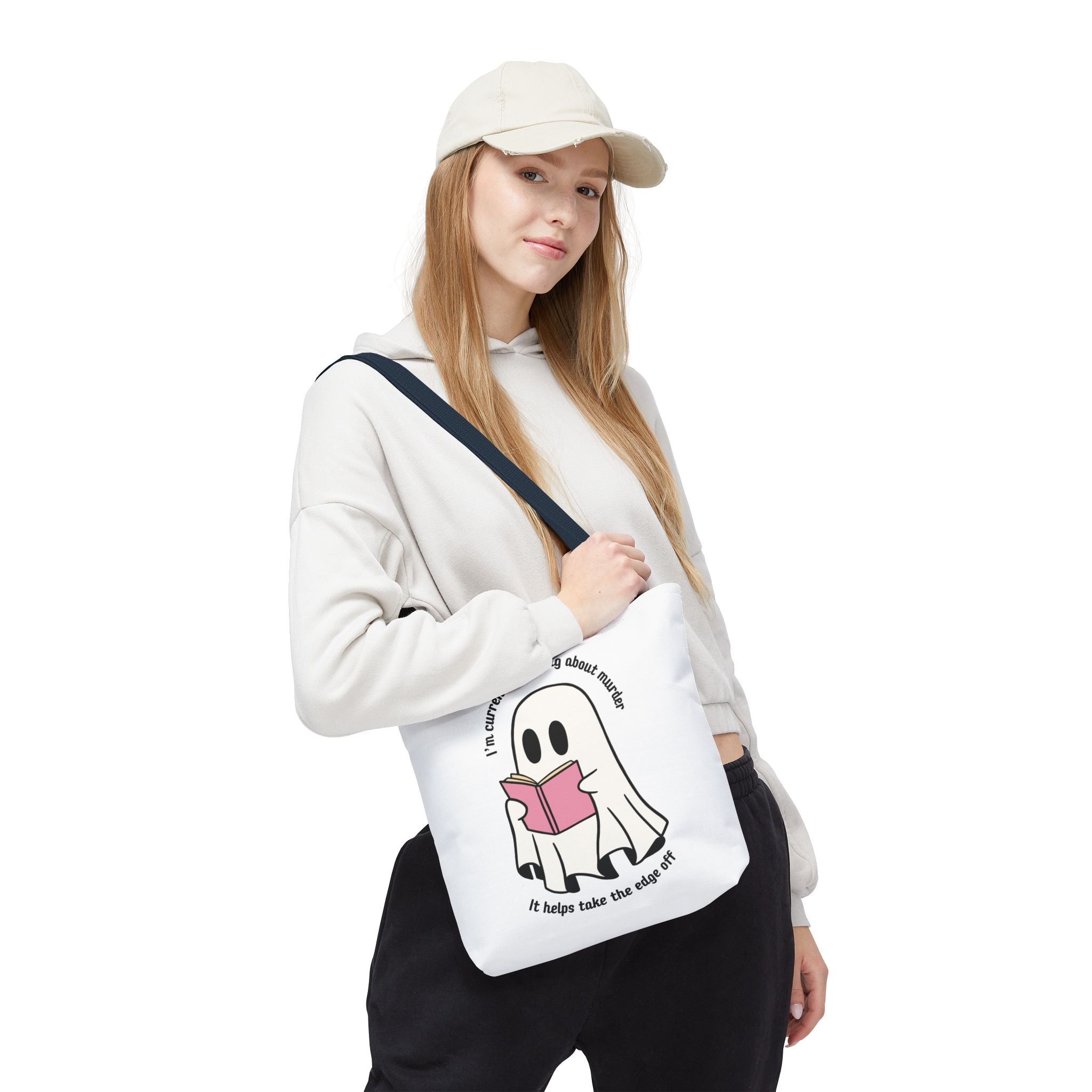 Ghost Reading Tote Bag — Cute Ghost with Book "I'm currently reading about murder, it helps take the edge off"