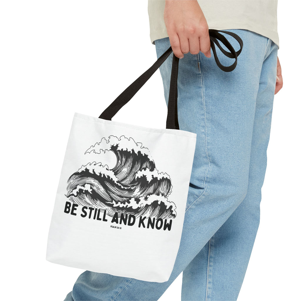 Be Still and Know Wave Tote Bag — Inspirational Psalm 36:10 Canvas Tote