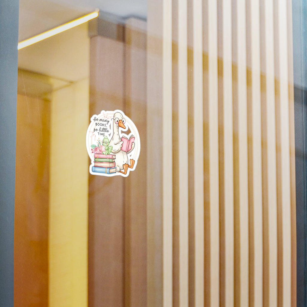 Reading Goose Kiss-Cut Vinyl Sticker — "So Many Books, So Little Time"