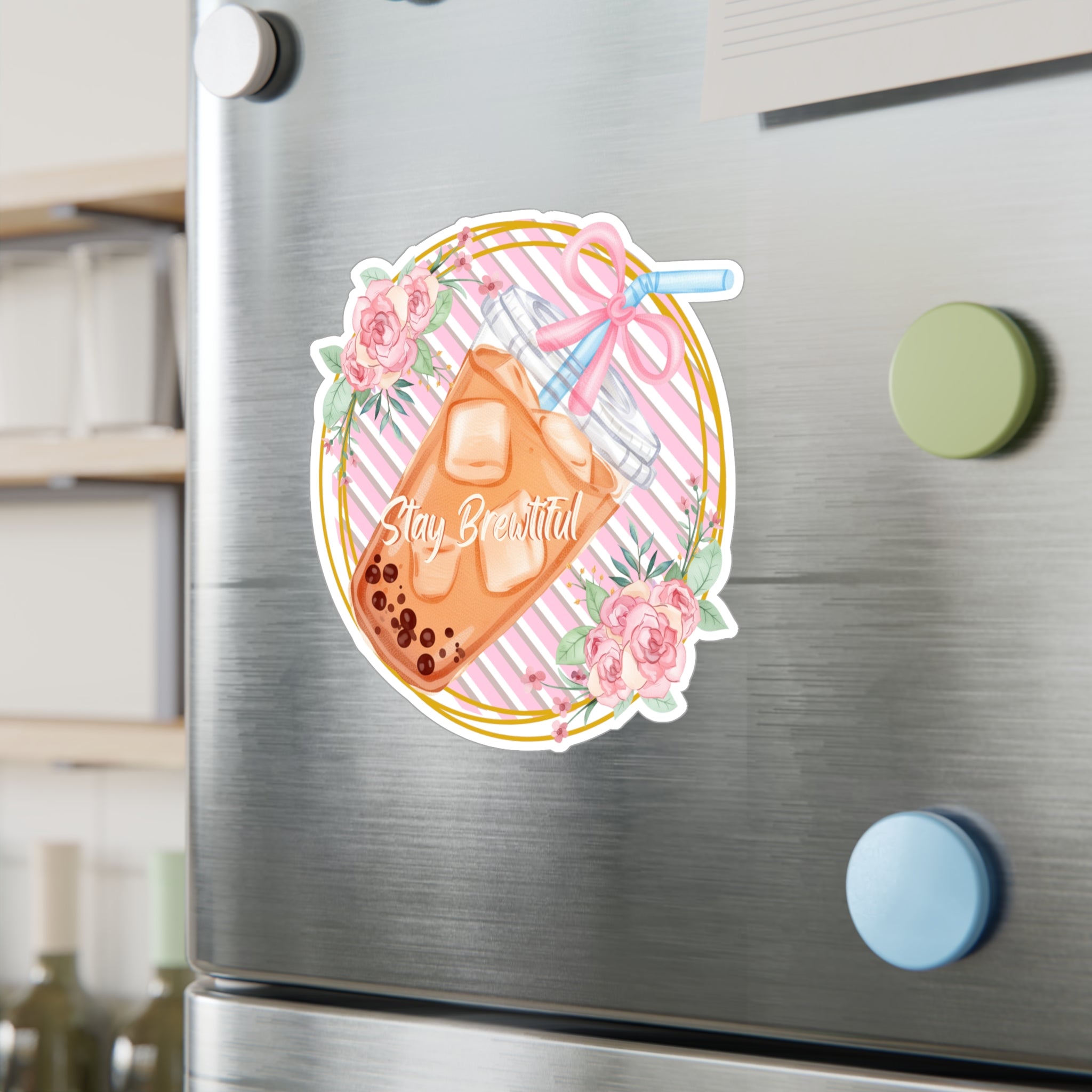 Boba Bubble Tea Vinyl Sticker – “Stay Beautiful” Floral Kiss-Cut Decal