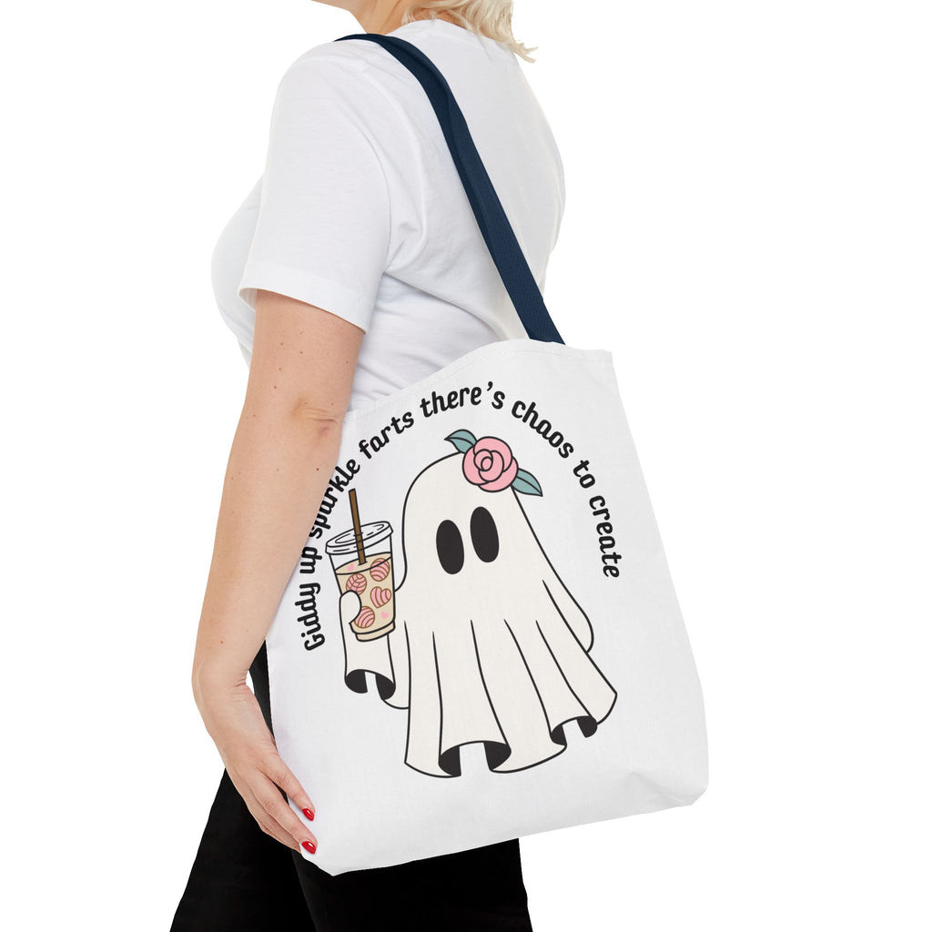 Cute Ghost Tote Bag - "Giddy up sparkle farts there’s chaos to create" Ghost with Boba Tea Tote