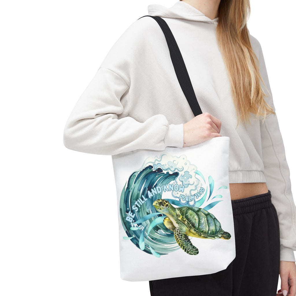 Sea Turtle Wave Tote Bag — "Be Still and Know" Ocean Eco Shopper