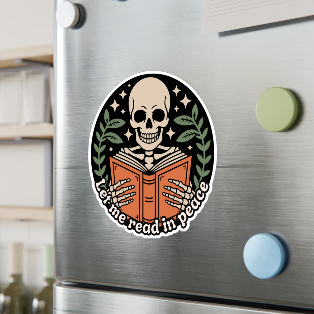 Skeleton Reading Vinyl Sticker – “Let Me Read in Peace” Kiss-Cut Decal