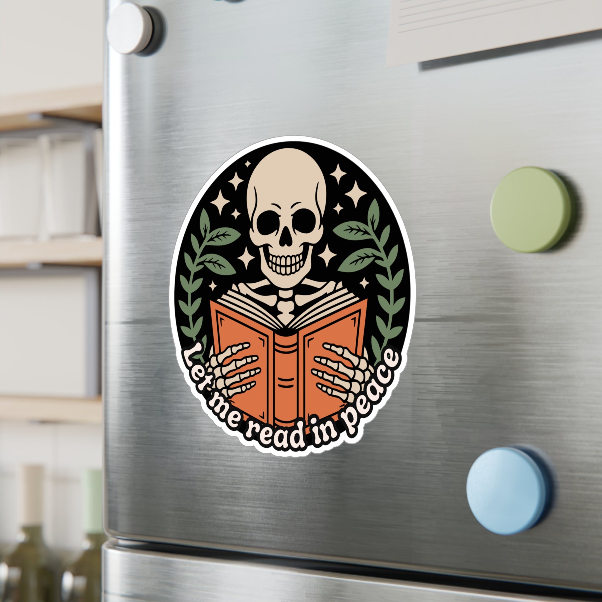 Skeleton Reading Vinyl Sticker – “Let Me Read in Peace” Kiss-Cut Decal