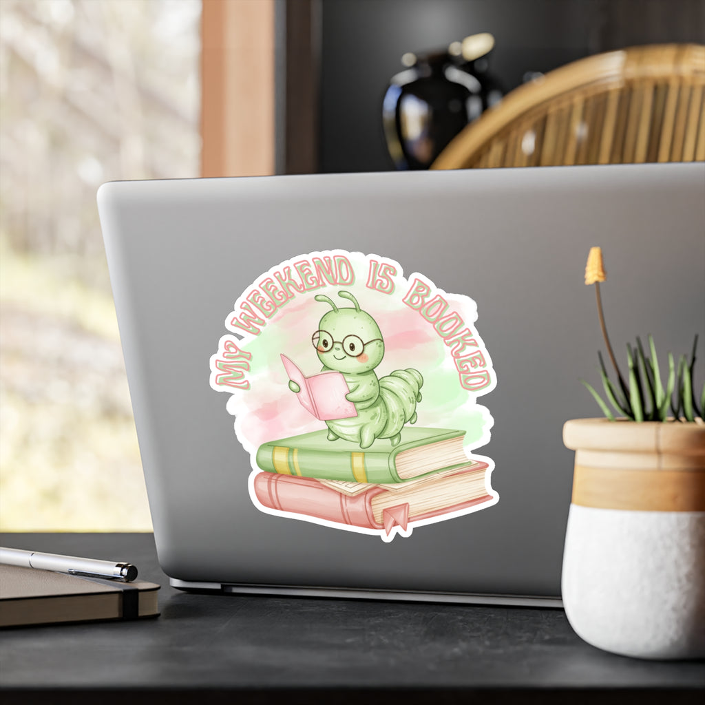 Bookworm Vinyl Sticker — "My Weekend Is Booked" Cute Reading Caterpillar Kiss-Cut Decal