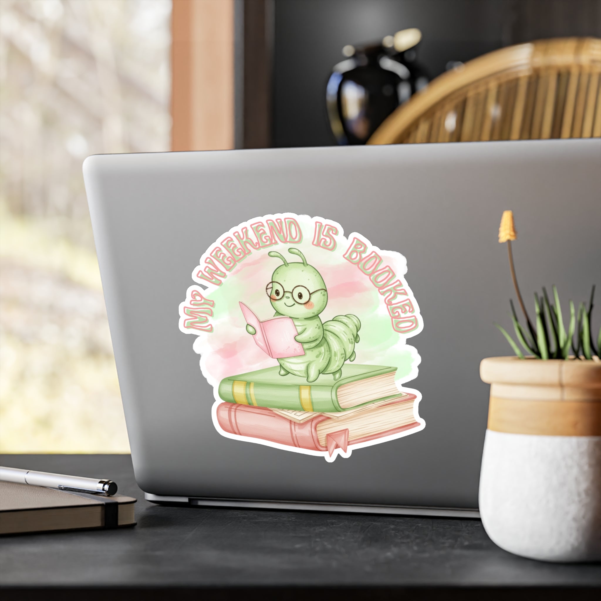 Bookworm Vinyl Sticker — "My Weekend Is Booked" Cute Reading Caterpillar Kiss-Cut Decal