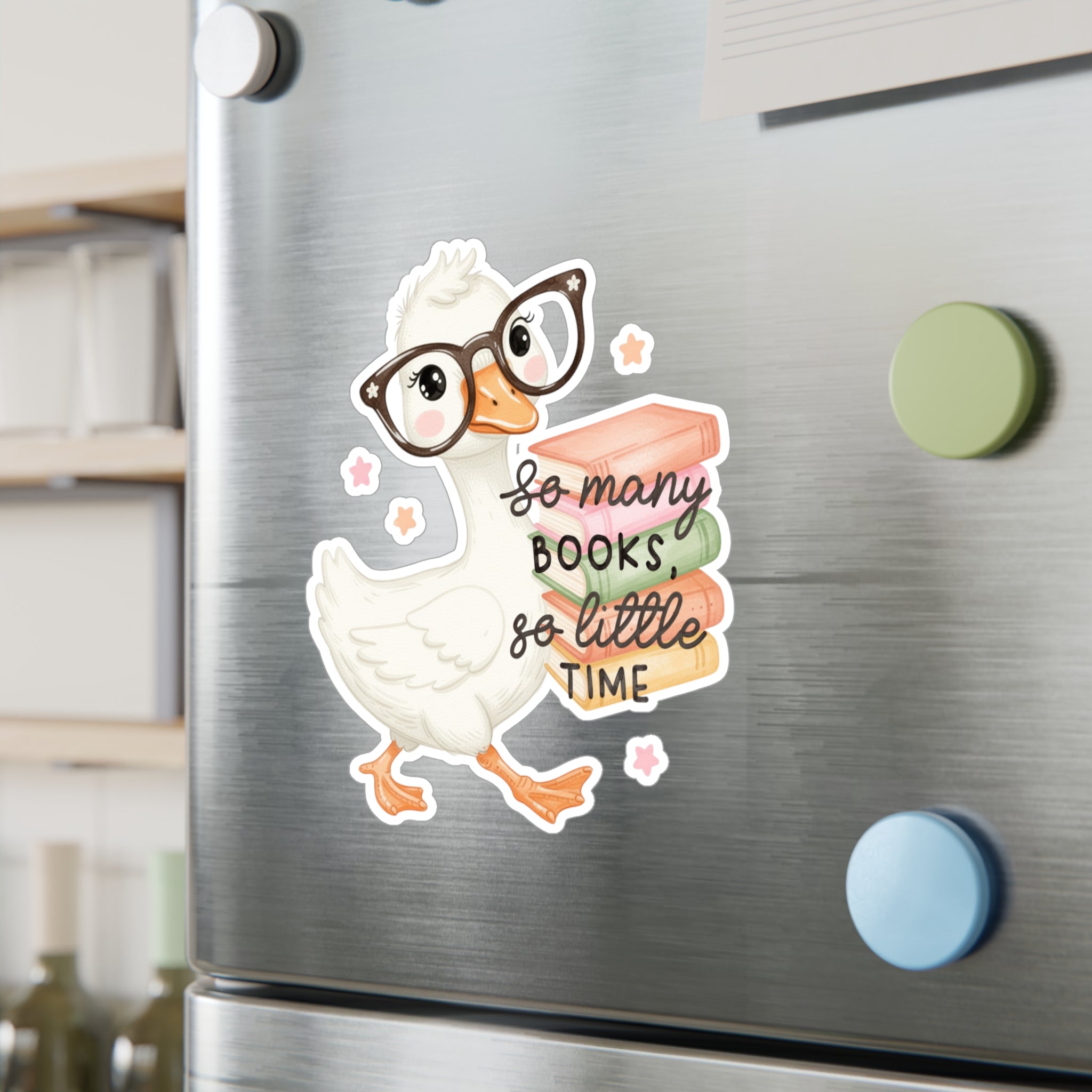 Duck Booklover Vinyl Sticker — "So Many Books, So Little Time" Kiss-Cut Decal