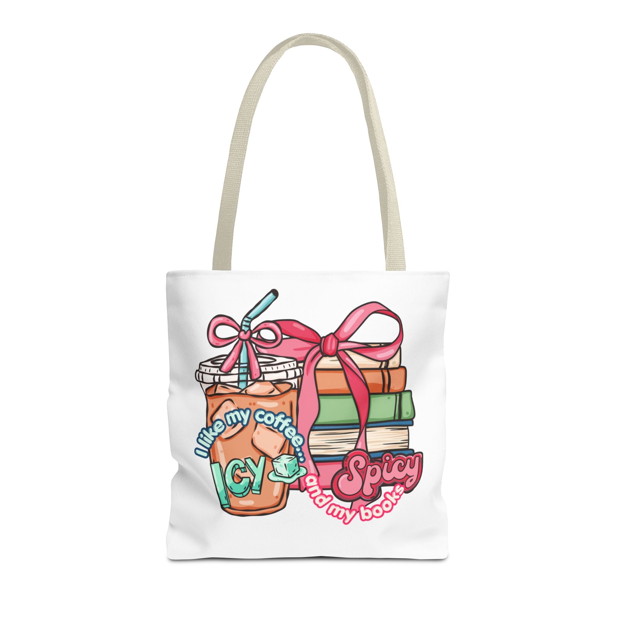 Book Lover Tote Bag — “I like my coffee icy and my books spicy” Illustrated Bookstack & Iced Coffee Design